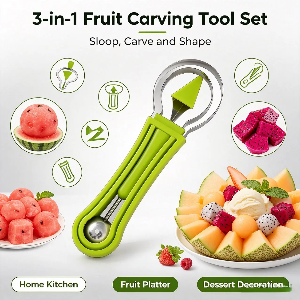 Three-In-One Fruit Tool Set, Fruit Carving Kit, Watermelon Ball Cutter, Food Peeler, Kitchen Utensils, Essential Cooking Tools