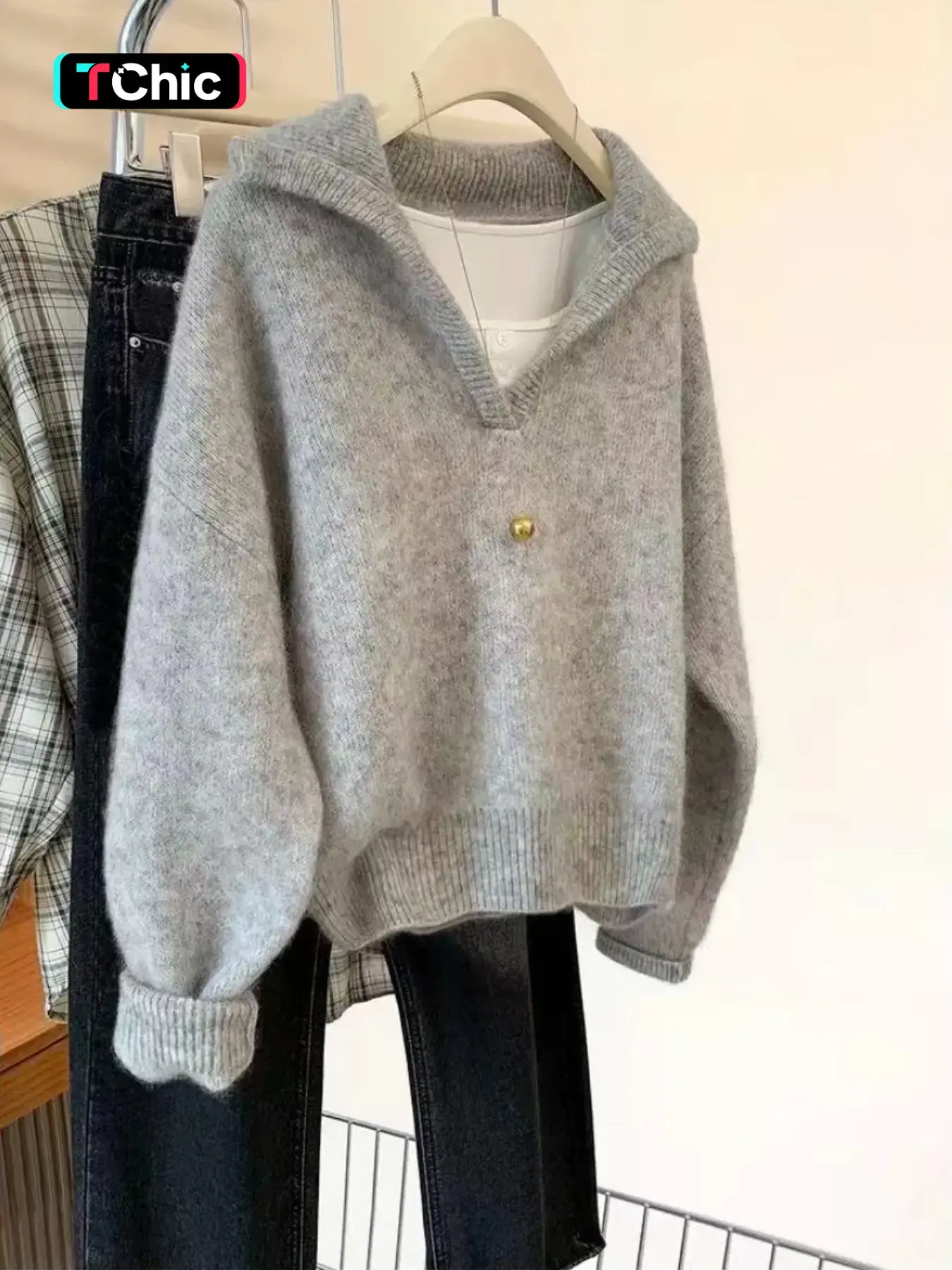 Women's Oversized Knitted Pullover, Large Lapel Collar Loose Fit Casual Sweater, Warm Fall Winter Top