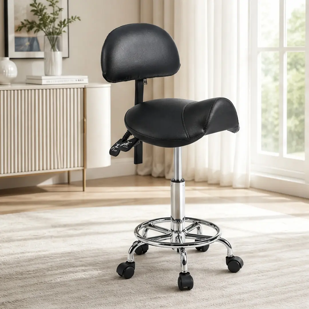 ARCH Ergonomic Saddle Stool with Back Support and Foot Rest Ring, Adjustable Height and Angle Rolling Stool with Wheels, Heavy Duty 350 lbs Capacity PU Leather Foam Cushion Swivel Stool for Salon Spa Tattoo Massage Office, Black Color Options