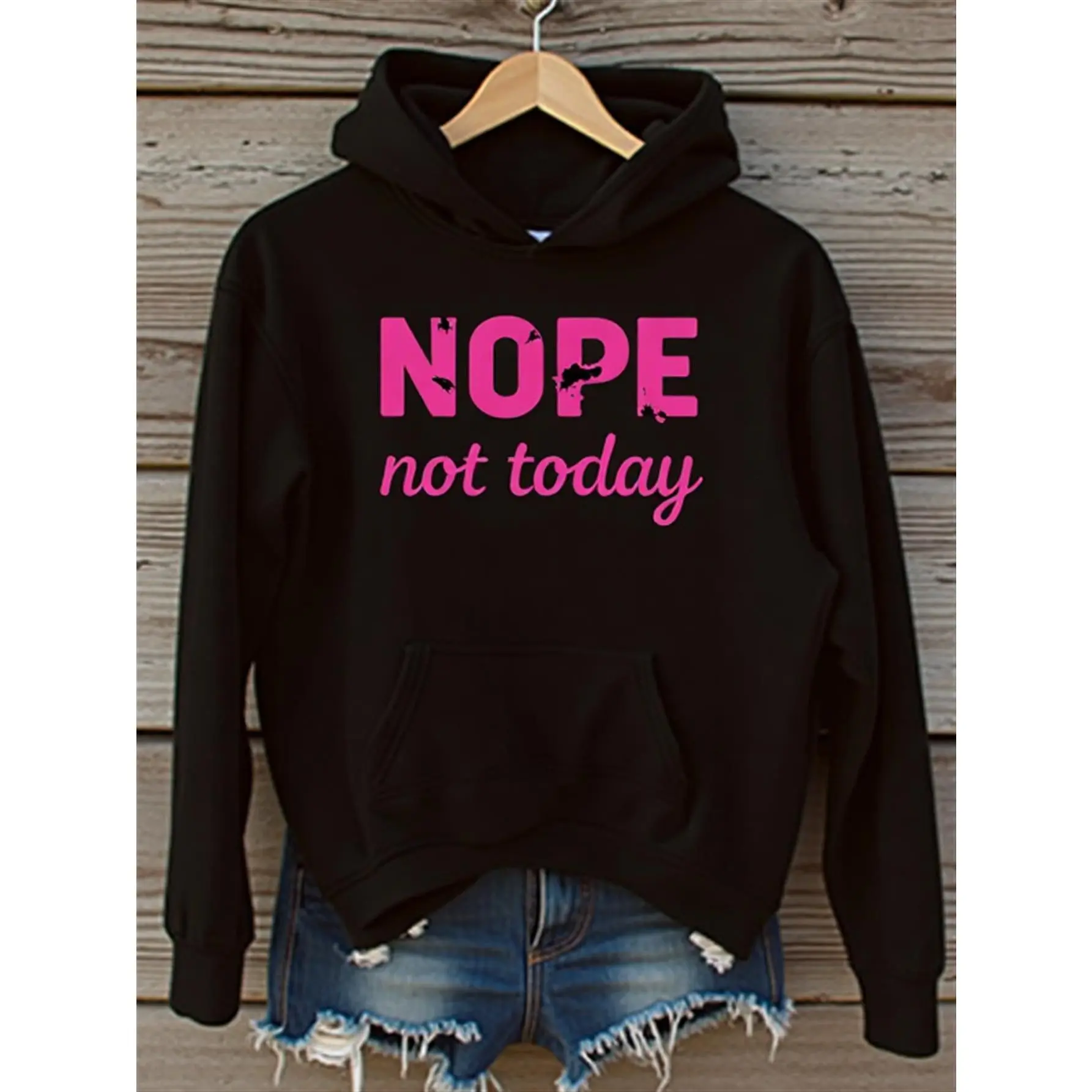 Unisex 'Nope Not Today' Pullover Hoodie, Oversized Fleece-Lined Sweatshirt with Bold Lettering Graphic, Long Length Top for Casual Streetwear, Cotton Fabric, Cold Machine Wash