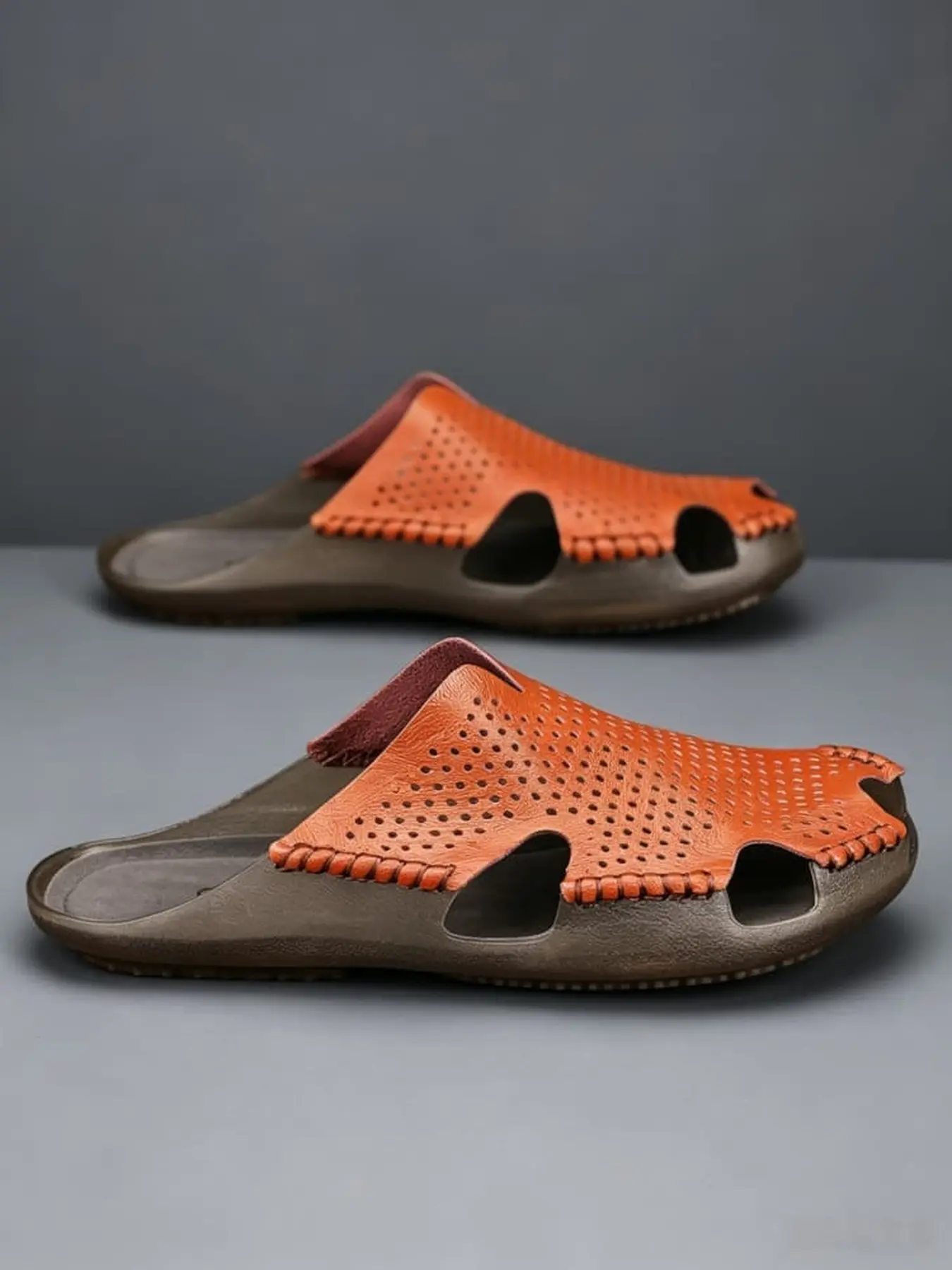 1 Pair Mens Breathable Closed Toe Half Slide Sandals Perforated Leather Handmade Edge Craft Daily Home Casual Wear