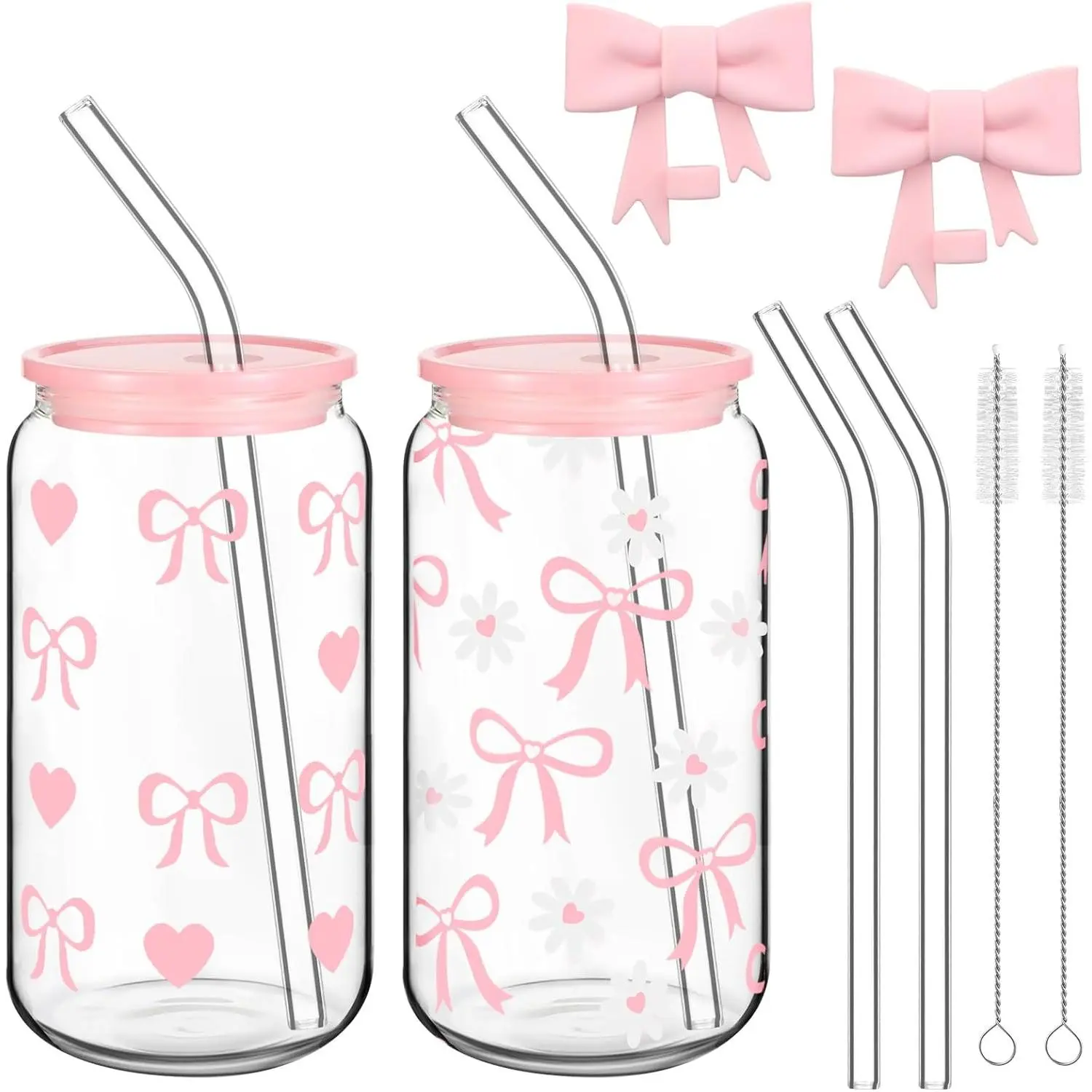 Set of 2  Bow Glass Cups 16oz Cherry Bow Glass Cup with  and Straws   Straw Toppers  Protectors 2 Brushes for Coffee  (Heart,)