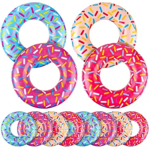 12 Pcs Inflatable Donut Assorted Inflatable Pool Floats Circle Tube Suckers Birthday Party Decoration Candy Balloons Props Favors for Swimming Pool, 4 Styles(Gift)