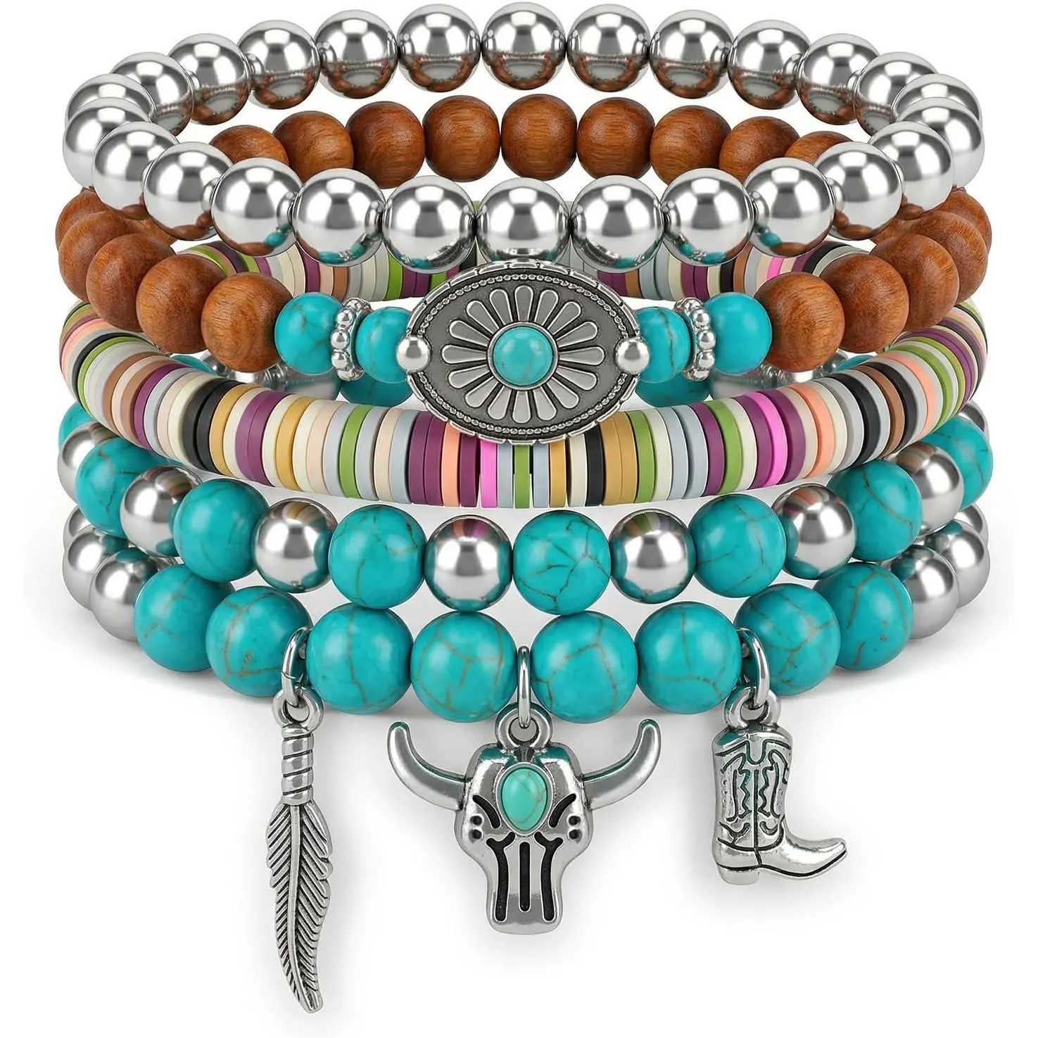 5 count Turquoise Beaded Bracelets  Bracelets Country  | Teal  Bracelets  Elastic Bracelet Gifts for Country Concert, Cowgirl Outfits Accessories