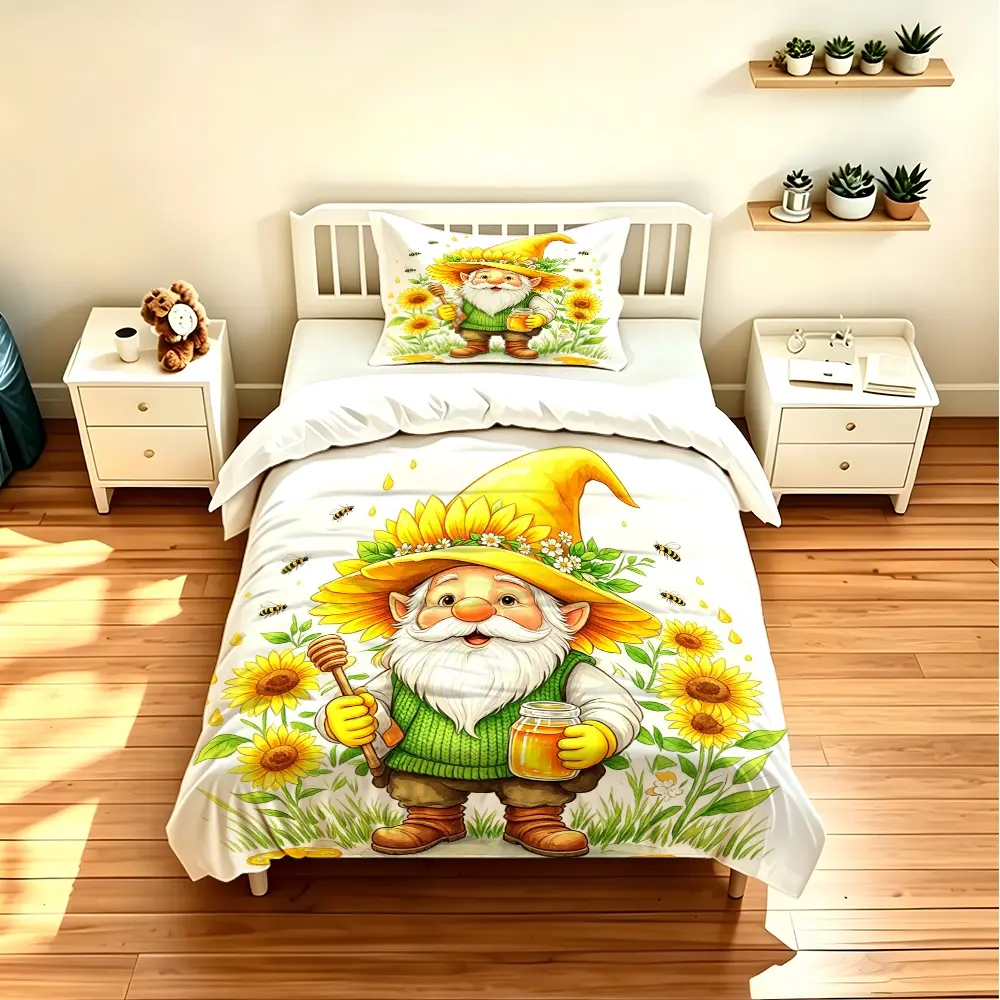 2/3pcs duvet cover set (1 duvet cover + 2 pillowcases) - Sunflower Gnome Honey Bee Bedding Set, HD Digital Print, Fade-resistant, Soft & Cozy Polyester Fabric, Suitable for Dorm Bedroom Hotel, All Season Home Bedding Cover (without filler and pillow