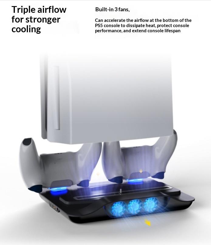 MOBIBLOOM Compatible PS5/PS5 Slim/PS5 Pro Multifunction Cooling Fan Base Stand, Charging Station for PS5 Gaming Controller, Blue Light, Game Accessory with Battery Protection Function