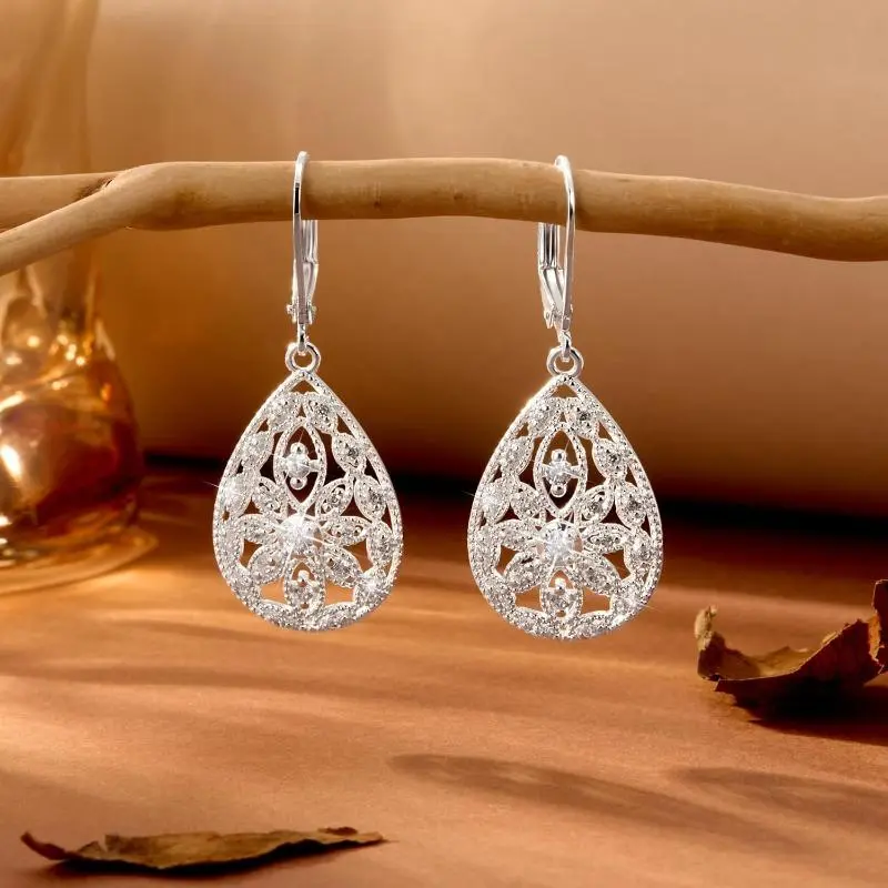 925 Sterling Silver Teardrop Earrings for Women, Cubic Zirconia Filigree Leverback Dangle Earrings, Hypoallergenic Gift, Dangle Earrings Set,summerwins