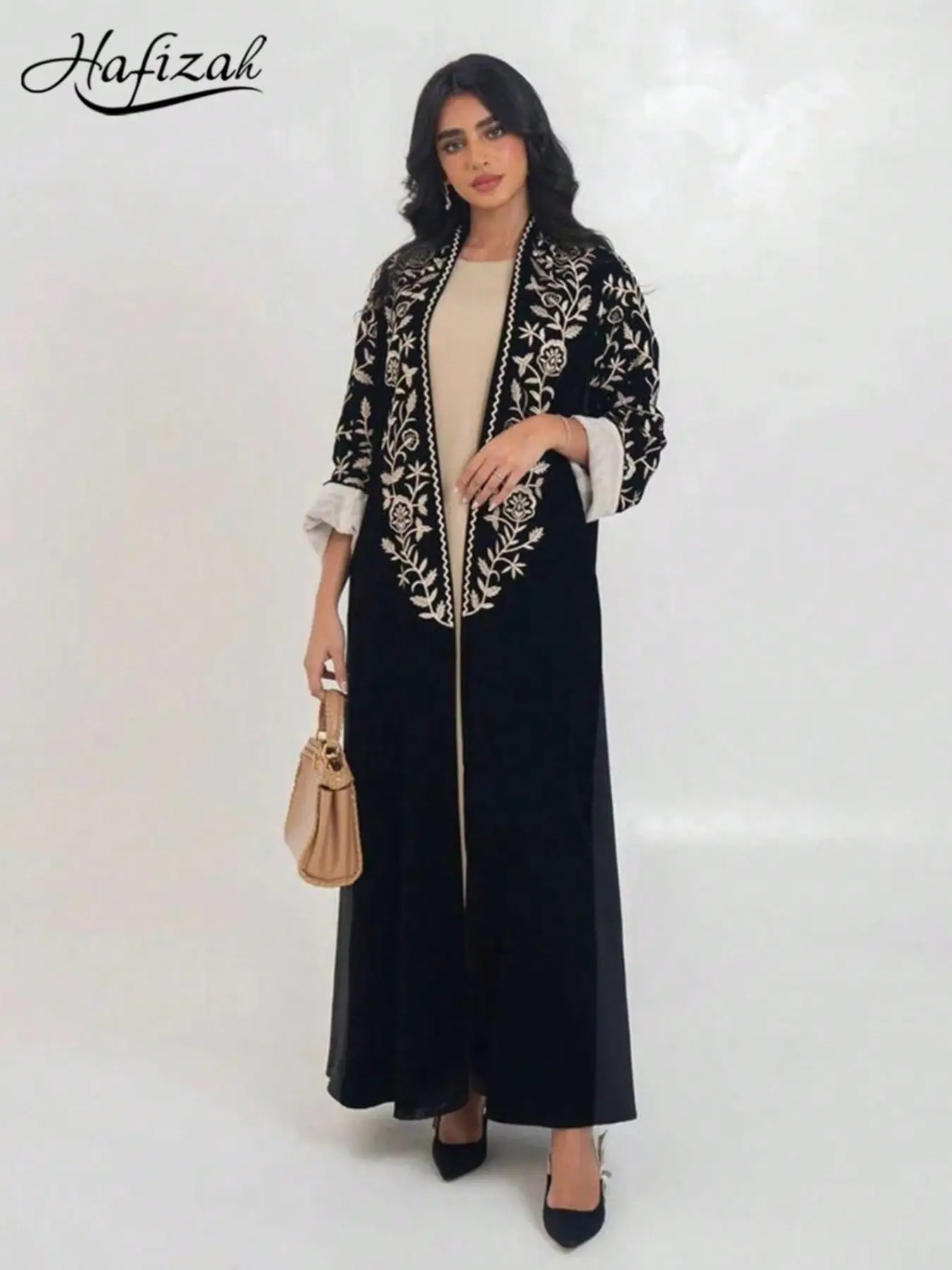 Hafizah Vintage Velvet Embroidered Long Loose Cardigan for Women, Full Floral Embroidery, Colorblock Sleeves, All-Season Outerwear