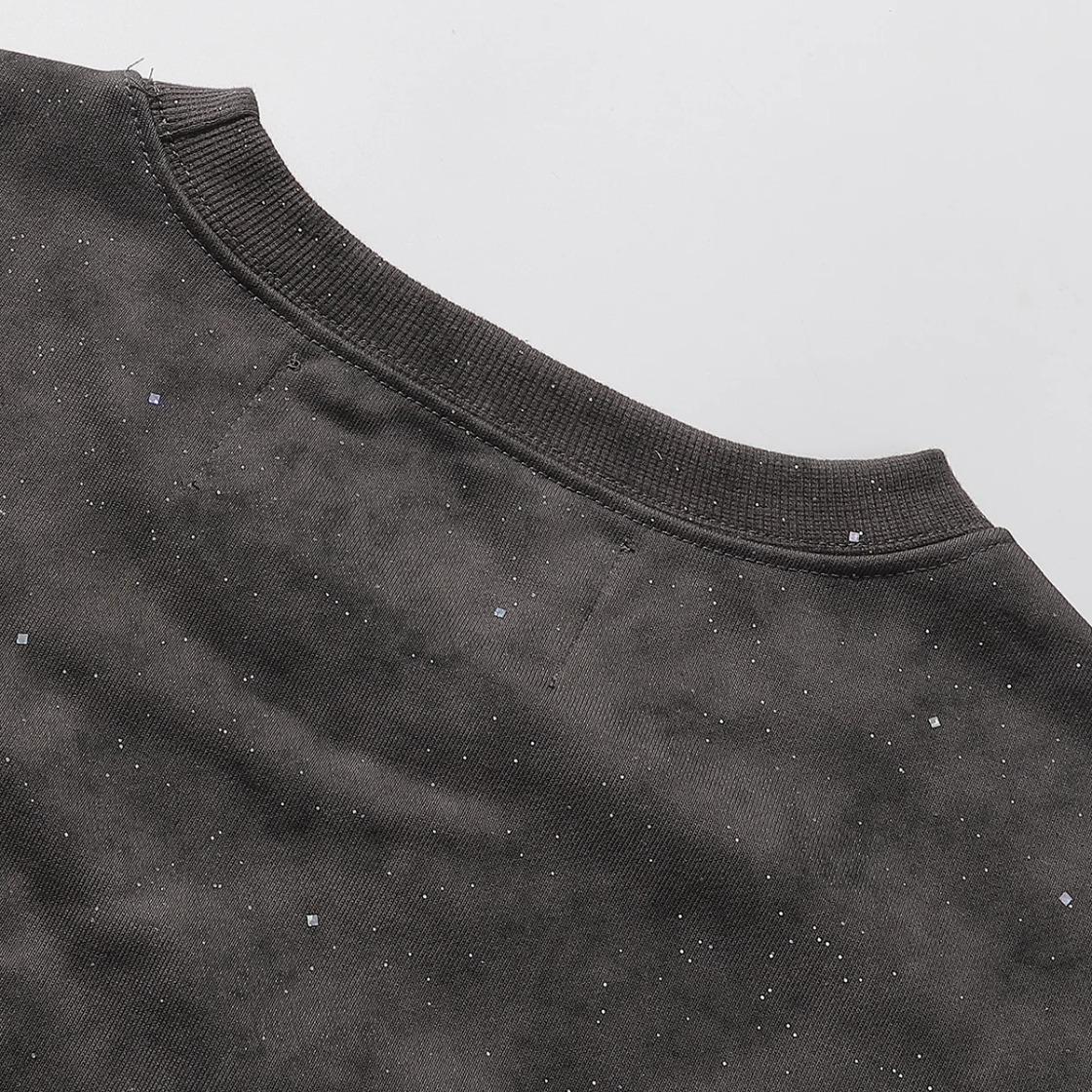 Sparkling Rhinestone Crew Neck T-Shirt, Unisex Loose Cotton Summer Tee, Plus Size, Bling Character Print, Washed Gray Full Diamond Cropped Top for Men Women