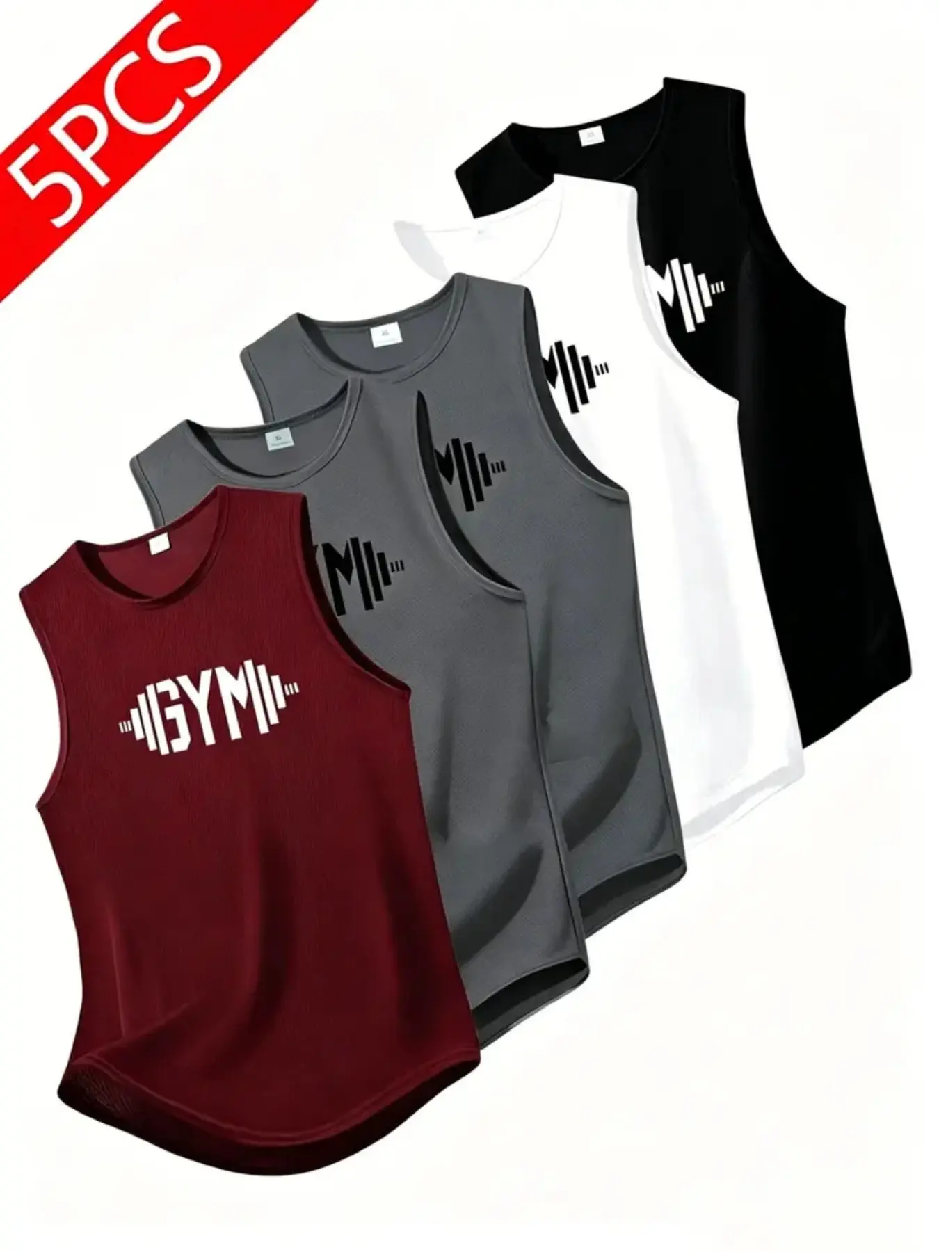 5 Piece Men's Fitness Print Sleeveless Vest, Quick-Dry Sports Training Top, Breathable Gym Shirt, Unisex Sportswear, All-Season Wear, Sleeveless Workout