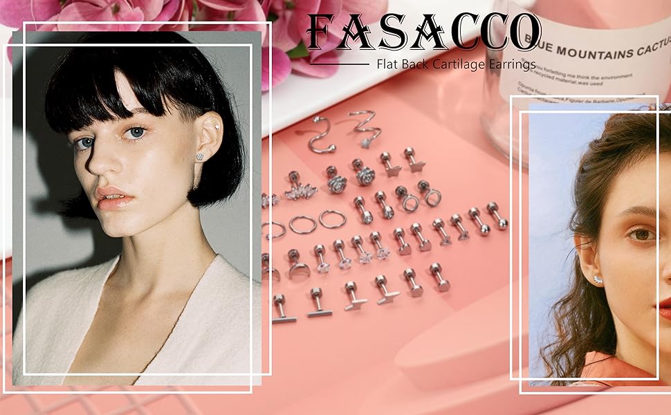 FASACCO Cartilage Earring 18G Flat Back Stud Earrings Surgical Steel Helix Tragus Piercing Jewelry