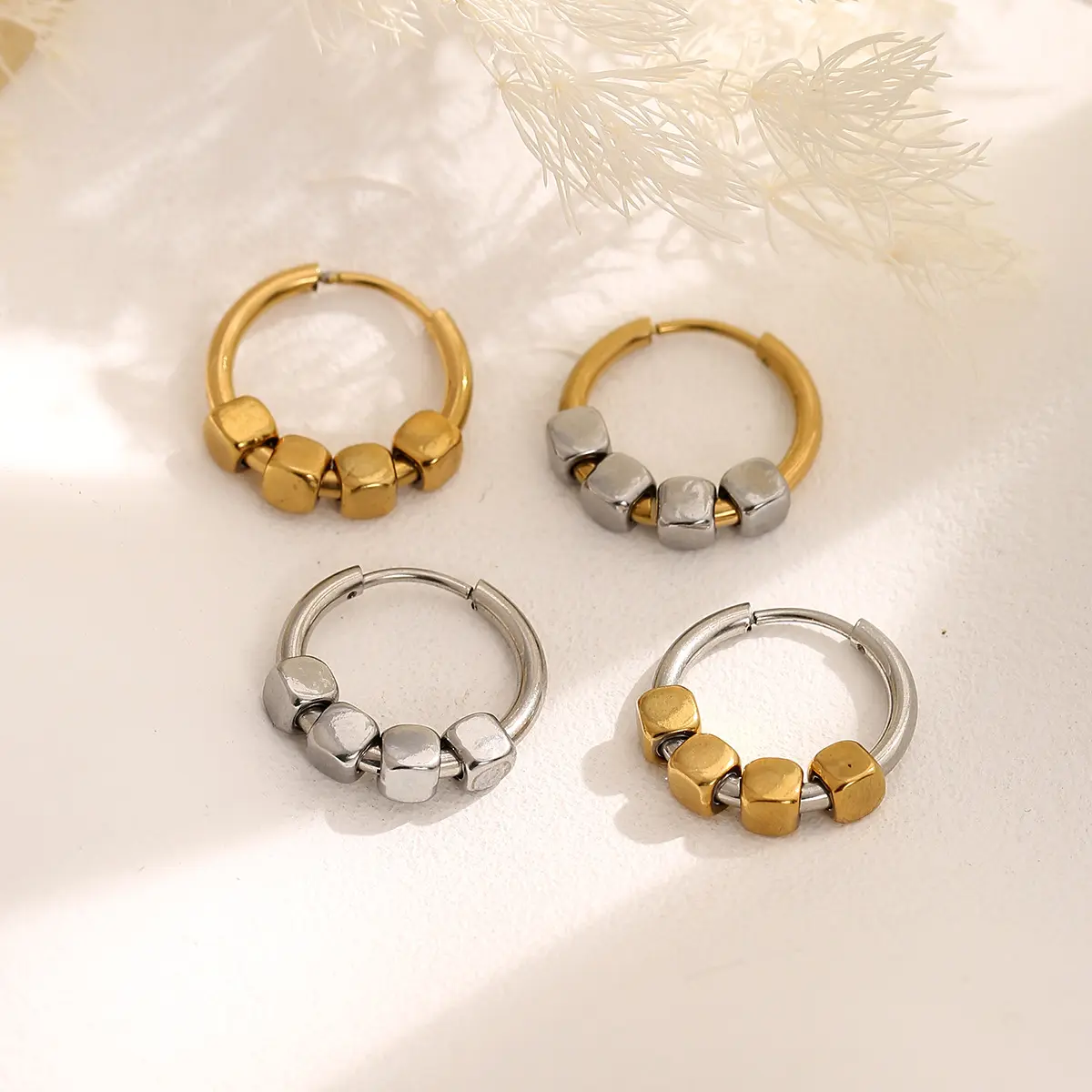 Women Cube Bead Hoop Earrings, Viral Minimalist Two Tone Square Bead Huggie Hoops, Waterproof Stainless Steel Small Geometric Circle Ear Jewelry, Hypoallergenic Stackable Ear Accessory for Daily Office Dating Gift for Girls