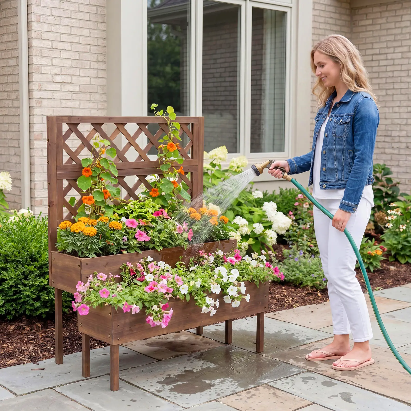 Garvee 2-Tiered Wooden Raised Garden Bed Planter Box with Trellis - Elevated Planter with Legs, Drainage Holes - Outdoor Patio Vertical Support for Climbing Plants, Herbs, Vegetables, Supports Plants