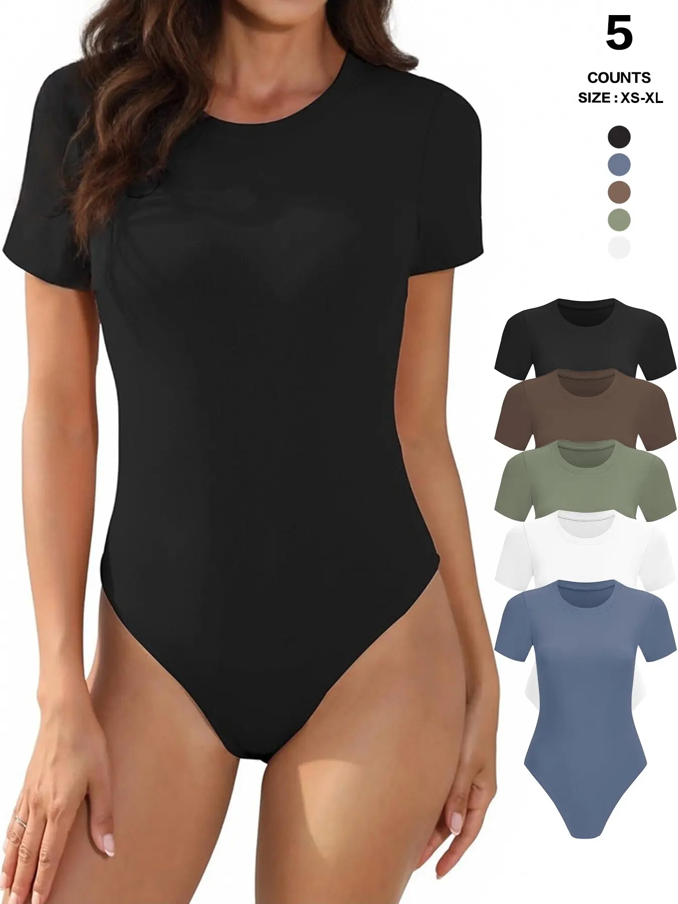 Round Neck Short Sleeve Skinny Bodysuit, Tight Fit Figure Hugging, Stretch Rib Knit, Casual Plain Jumpsuit, All Seasons Wear, Underwear
