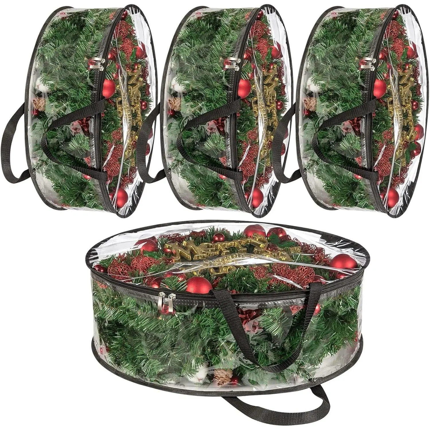 4 PCS 24x8 Inch Clear Wreath Storage Bag Heavy Duty PVC Christmas Wreath Storage Container Wreath Protector with Handle for Xmas Holiday Seasonal Wreath Garland Black