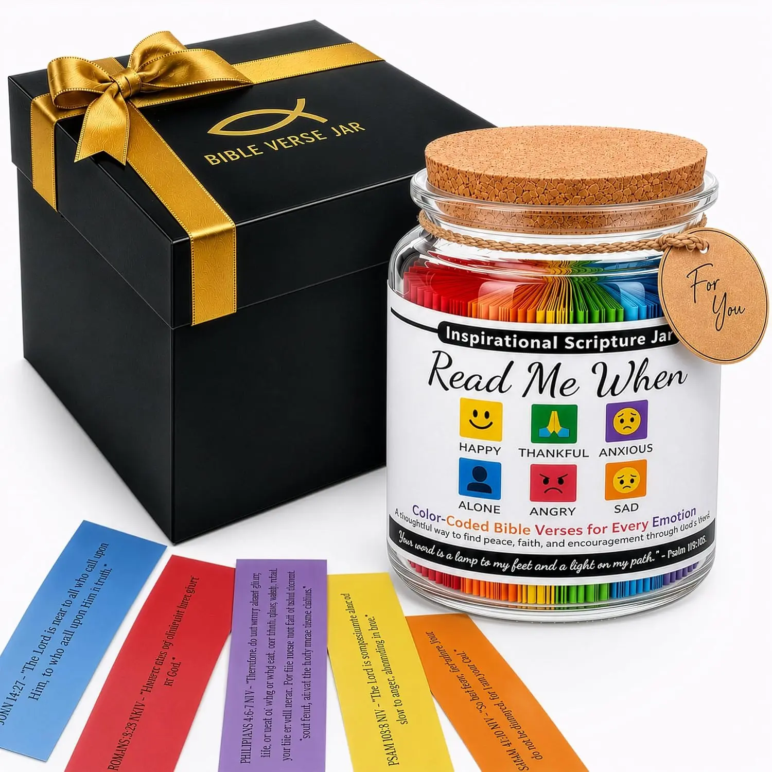 Verse Jar - 96 Color-Coded Scripture Strips by Emotion | Glass Jar w/ Cork - Read Me When  Verses Jar & Prayer Cards - Birthday & Christian  Box for Women