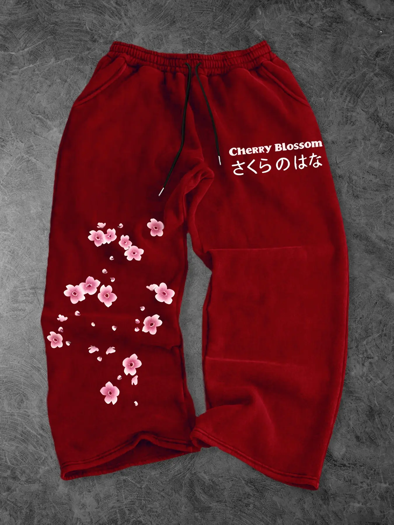 Japanese cherry blossom print wide leg sweatpants, elastic waist drawstring casual trousers with letter printing, comfy fabric baggy pants for harajuku street style, hip-hop outfits and daily street fashion collocation