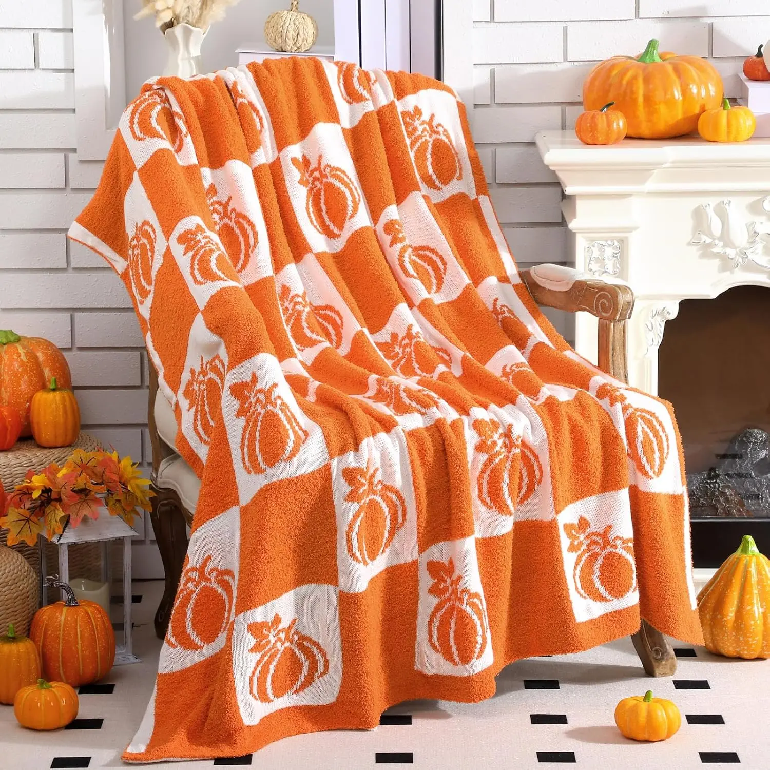 1PC pumpkin Thanksgiving blanket, an orange and white pumpkin blanket, comfortable, lightweight, and soft autumn gift, suitable for the sofa, bed, and travel