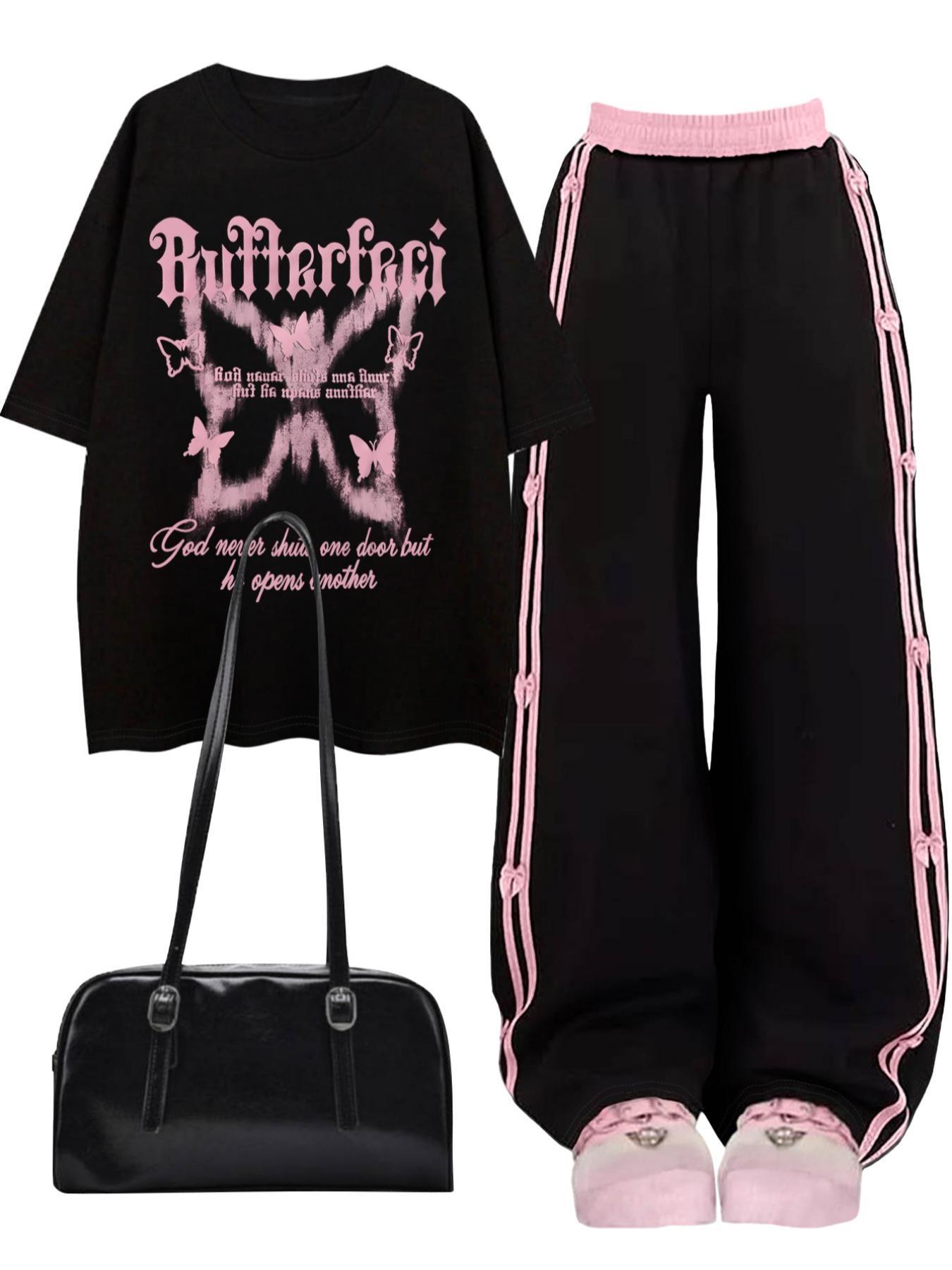 Women's Butterfly Print Tee & Pants Set, Casual Round Neck Short Sleeve T-shirt & Trousers, Ladies Clothes for Daily Wear, Whimsy Goth Outfits, Womenswear, Summer Outfits Set, Casual Formal Set, Matching Sets, Casual Lounge Set