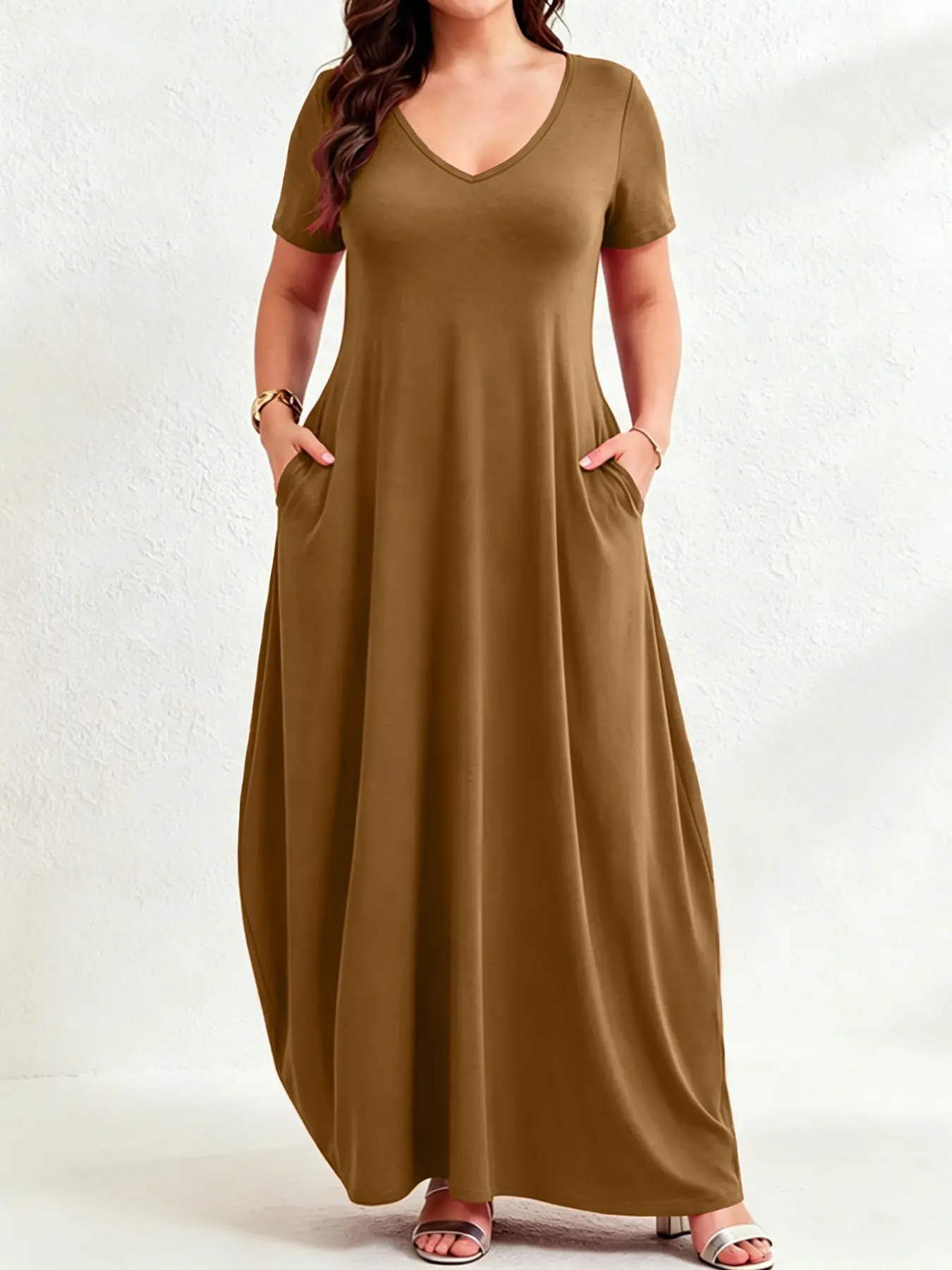 Trendy Elegant Plus Size V Neck Short Sleeve Dress, Side Pocket Loose Fit Long Dress, Casual Daily Everyday Wear for Curvy Women, Comfortable Home Ease of Movement, Summer Dress With Pockets