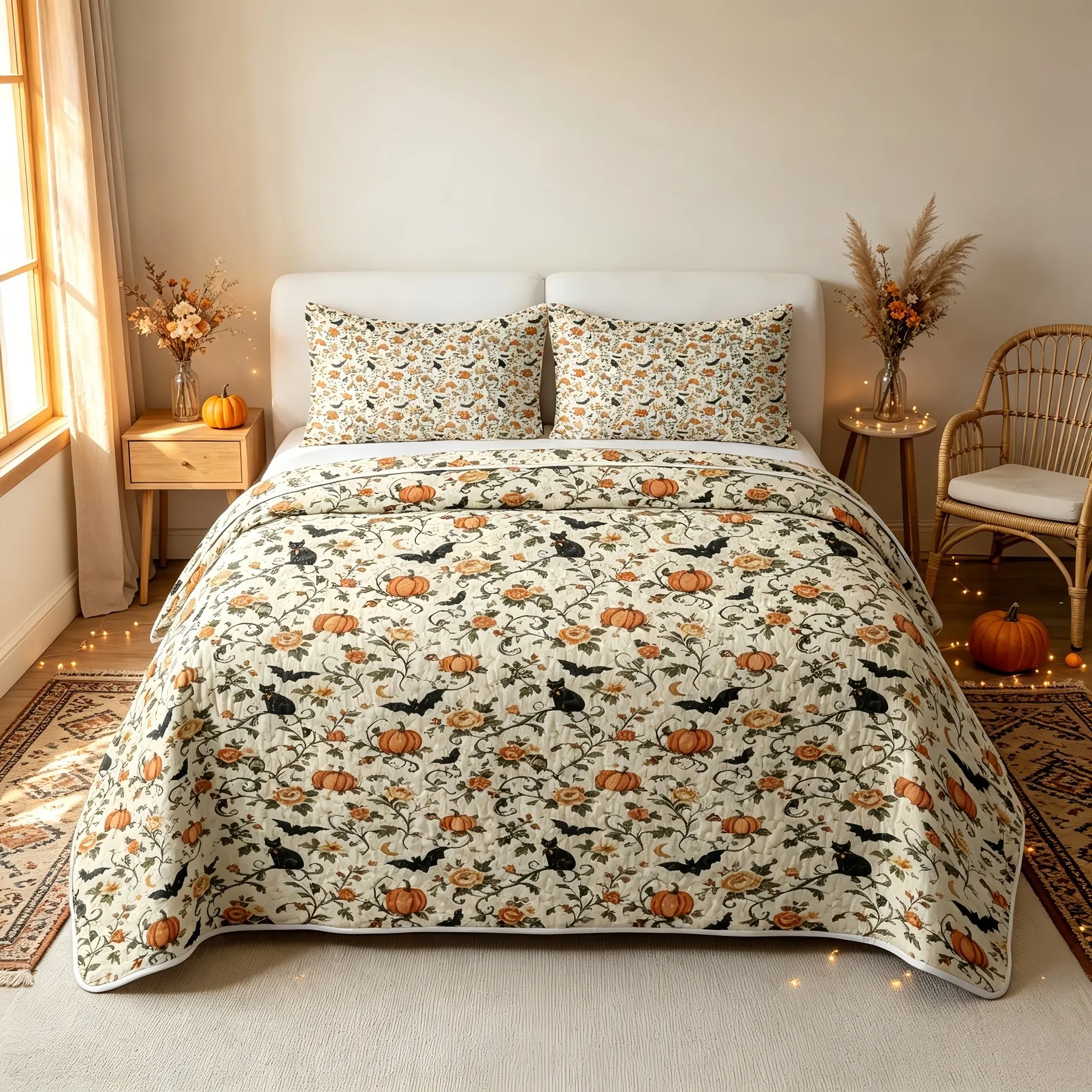 3-Piece Halloween Pumpkin, Black Cat, Bat Floral Quilted Comforter Set, Comfy Bedding Sets, Soft, Lightweight, Machine-Washable Reversible Comforter, Includes 1 Comforter + 2 Pillowcases, All-Season for Bedrooms and Guest Rooms