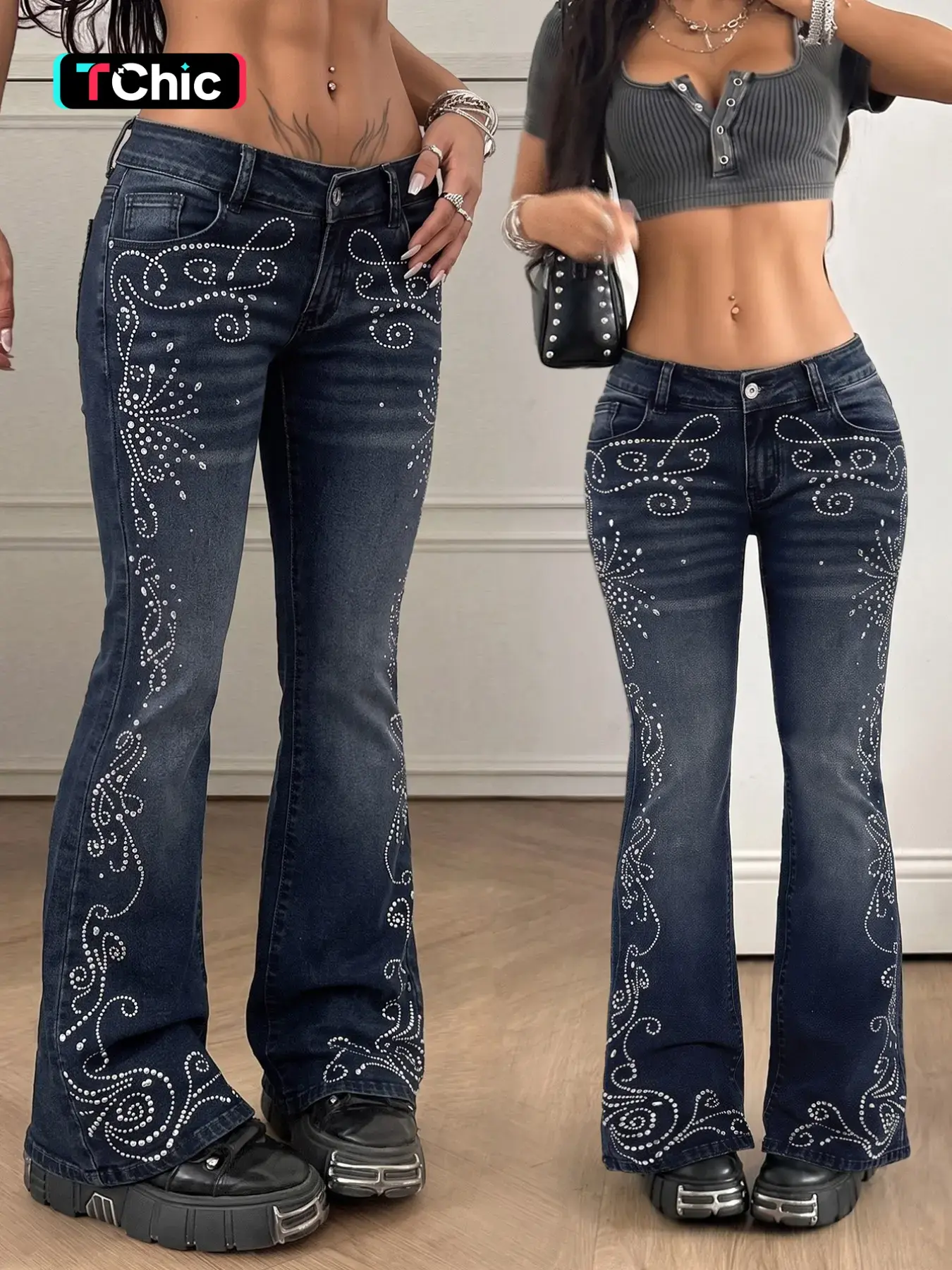 Mid Rise 4-Way Stretch Floral Rhinestone Flare Jeans, Bootcut Denim Jeans, Y2K Western Streetwear, Perfect for Festivals & Events