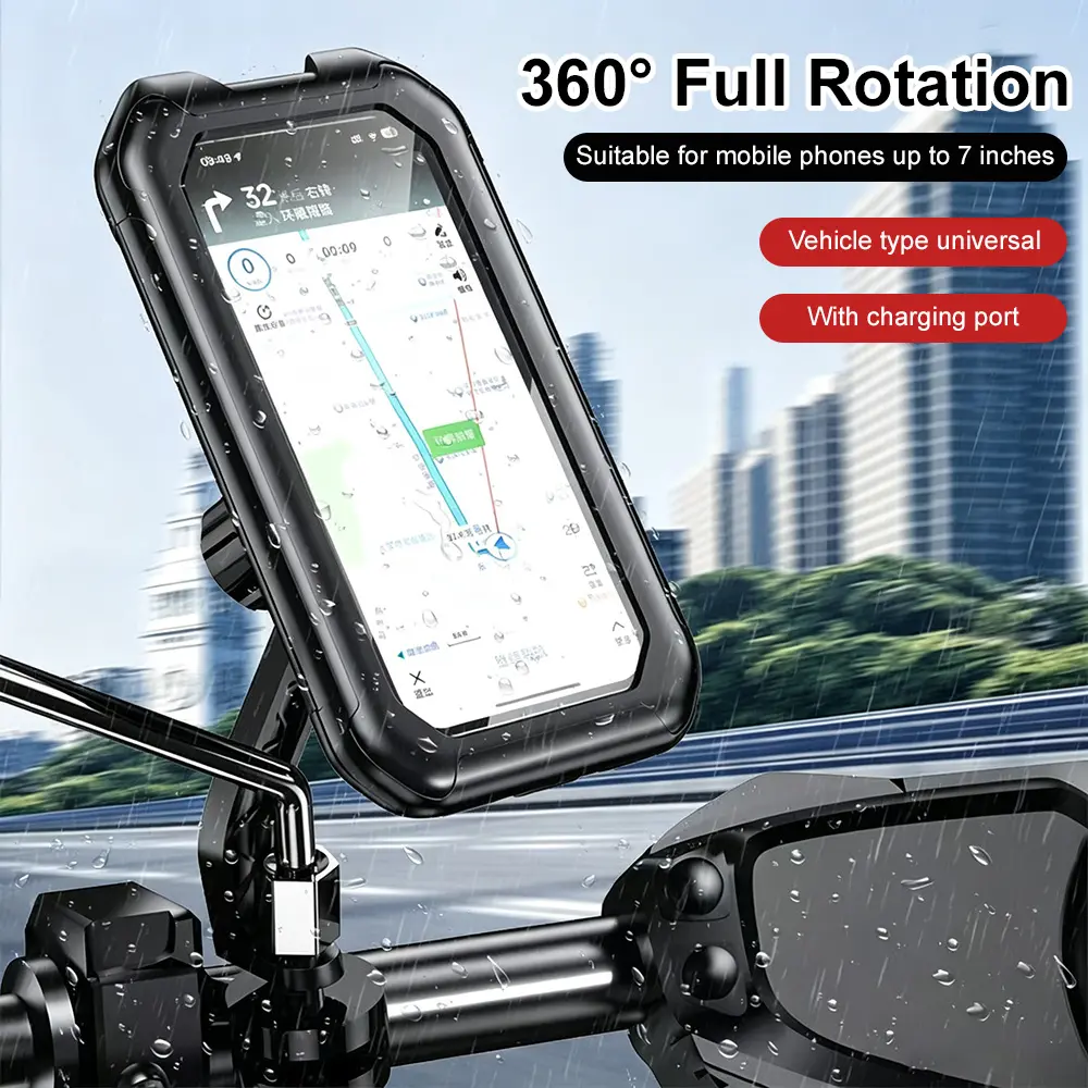 Waterproof Bicycle & Motorcycle Phone Mount, 360° Rotation Anti-Shock Holder for 4-6.7" Phones, Aluminum Alloy Handlebar, GPS Touchscreen Compatible, Fits iPhone & Android.