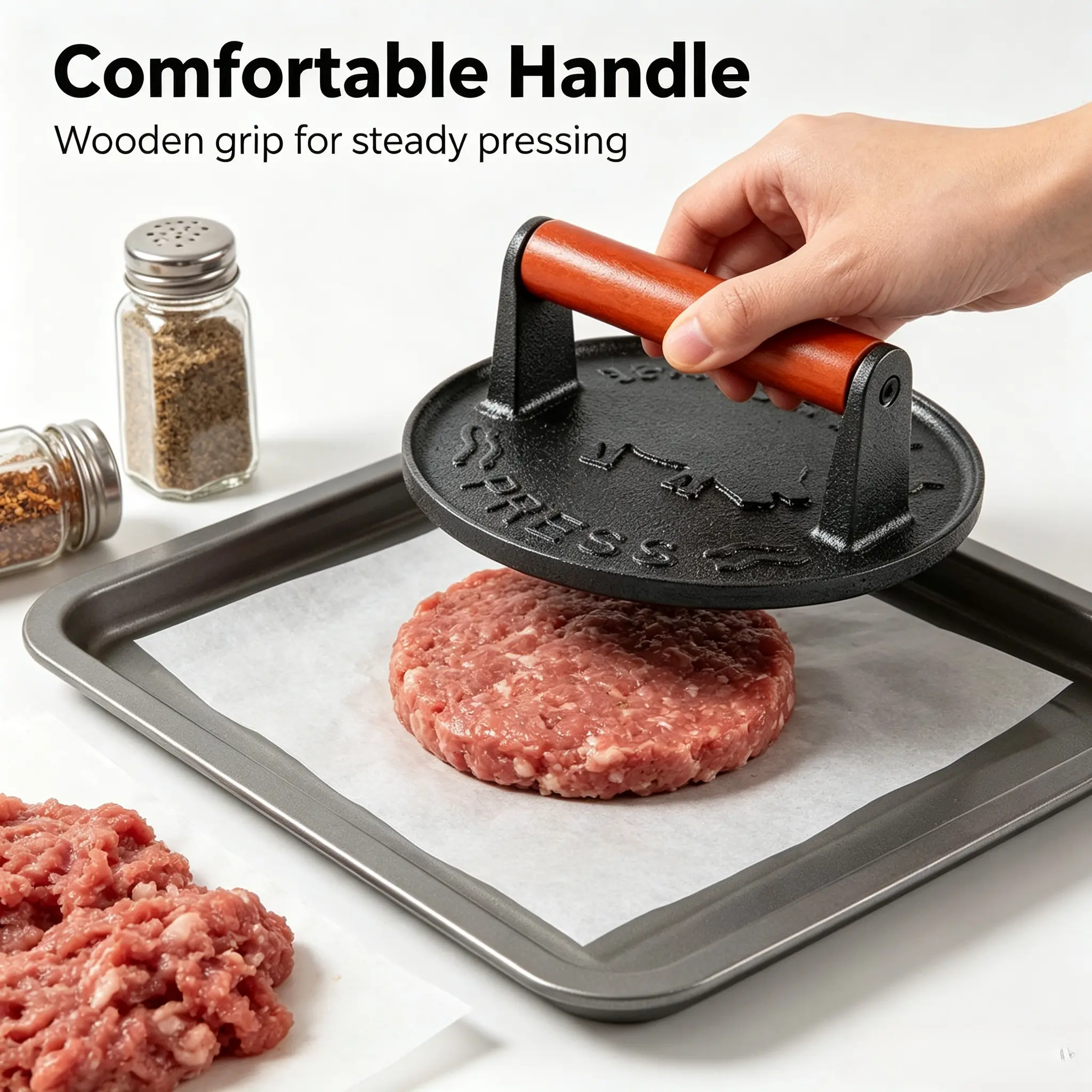 Heavy‑Duty Cast Iron Grill Press, Wooden Handle Burger Bacon Meat Press, Griddle Weight Press for Flat‑Top Stove, Home & Outdoor Cooking Accessory