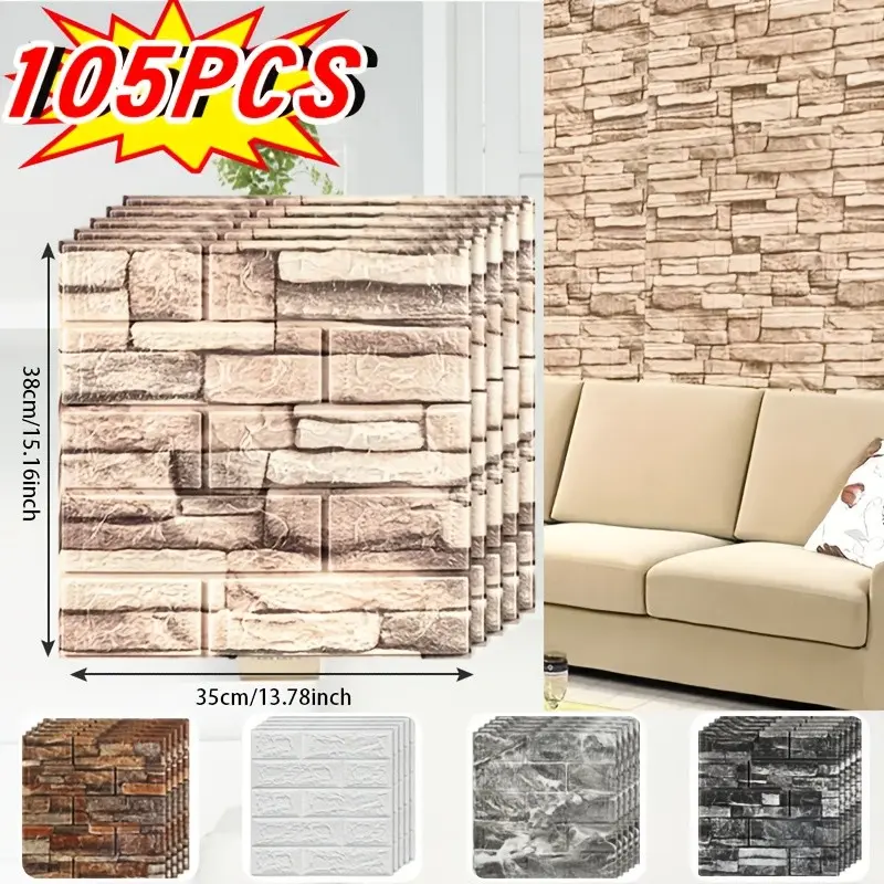 105pcs Wall Stickers for Home Renovation, Peel and Stick Foam Brick Texture, Suitable for Kitchen, Living Room, Bedroom, Ceiling Decor, Textured Wall Mural