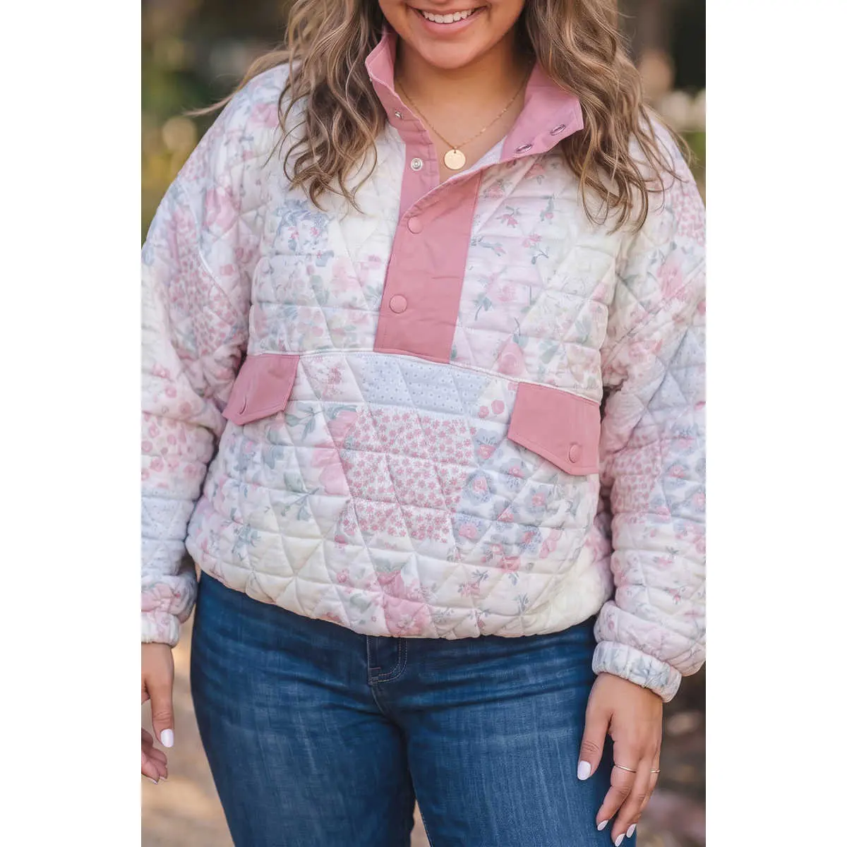 Pink Floral Quilted V-Neck Plus Size Fake Pocket Sweatshirt