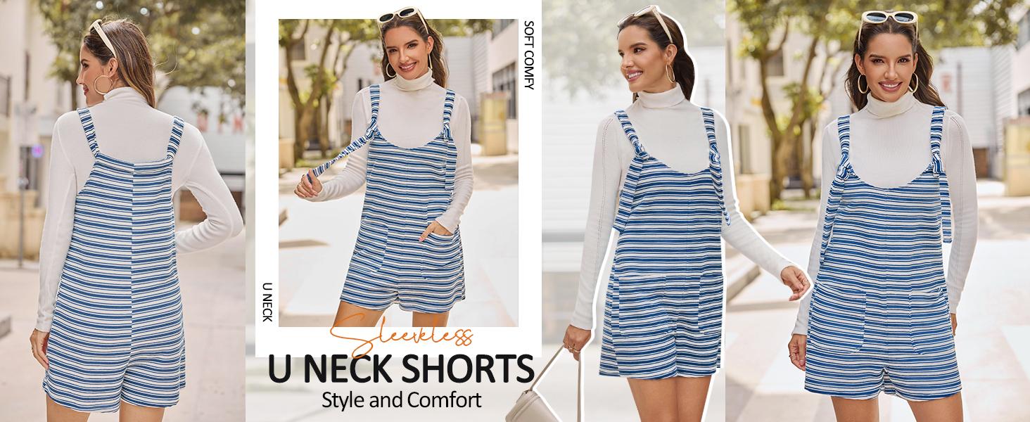 Yousify Women's Striped Sleeveless Romper Loose Fit Tied Shorts Jumpsuit with Pockets for Summer & Fall Casual Wear Scoop Neck Adjustable Drawstring Wide Legs