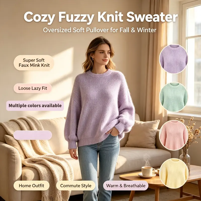 Women's Crew Neck Knit Sweater, Oversized Soft Fuzzy Faux Mink Knit Pullover, Casual Loose Lazy Style Long Sleeve Knit Top for Fall Winter Daily Outfits