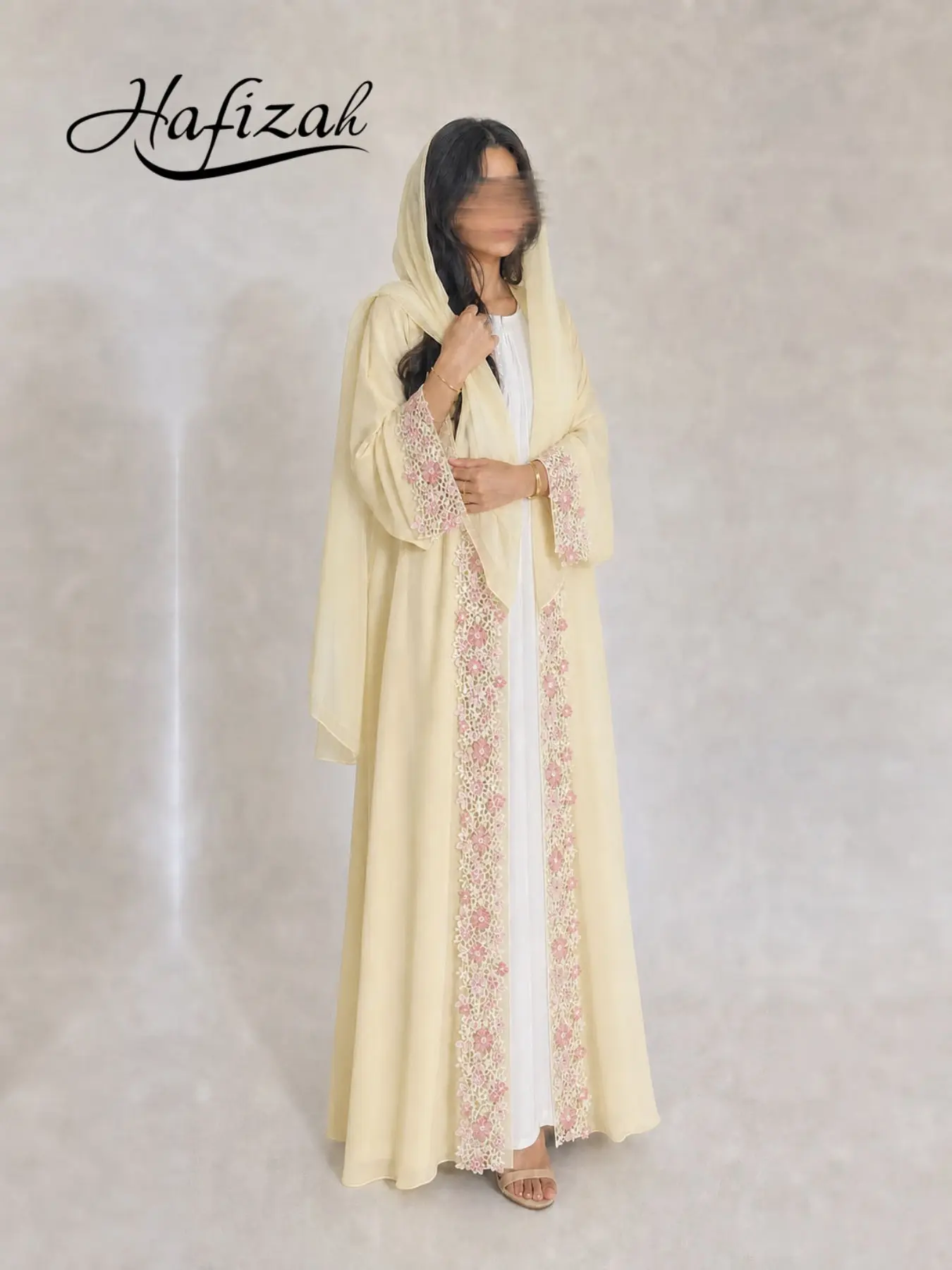Hafizah Women's Cream Floral Lace Open Front Robe Set, Loose Muslim Abaya, Ideal for Ramadan and Eid, All Seasons Outerwear