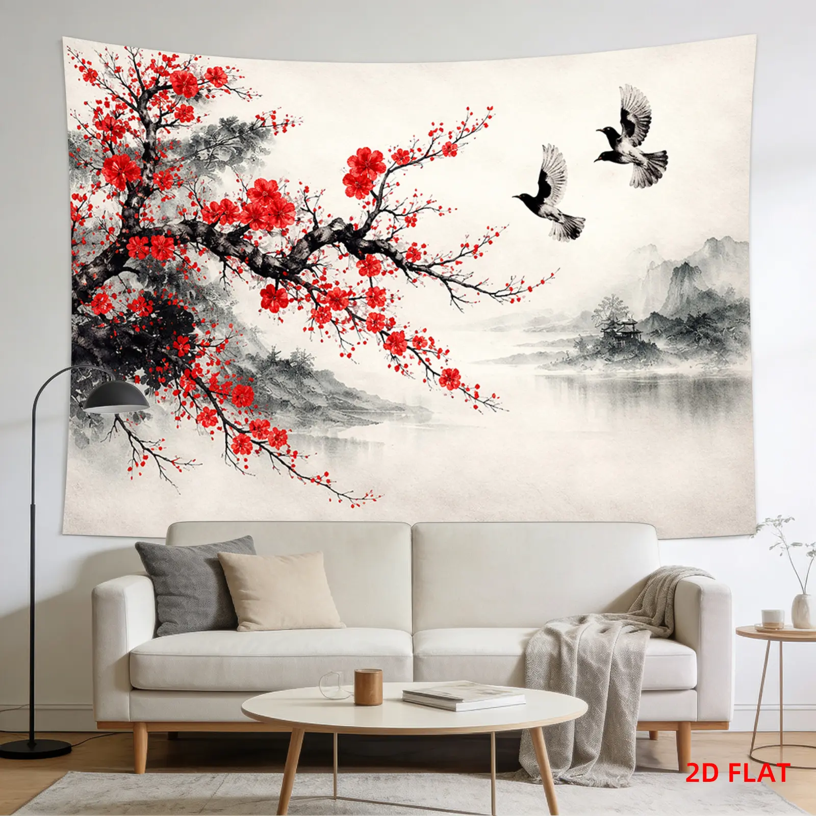Red Blossoms and Black Branches Tapestry Traditional Chinese Art, Birds Flying, Calm Lake, Polyester, Suitable for Bedroom, Living Room, Meditation Area, Office, Party Decoration, Indoor Use