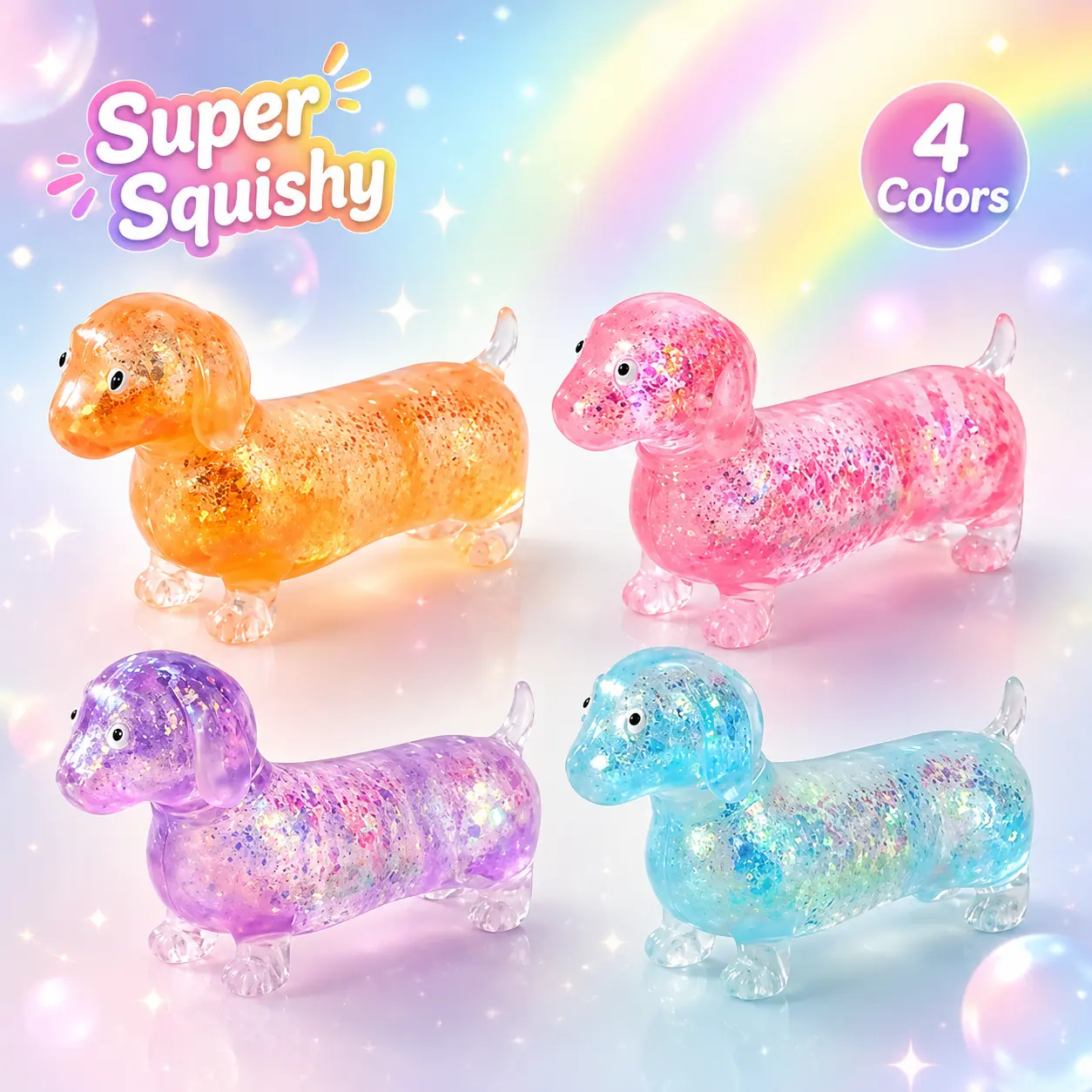 Glitter Dachshund Squishy Toy - Slow Rising Stress Relief Squishies, Glitter Stress Balls, Decompression Squeeze Anxiety Reducing Ball, Super Soft Relaxing ASMR Sensory Fidget Toy for Home Office, Birthday Gift, Slime & Squishy Toys