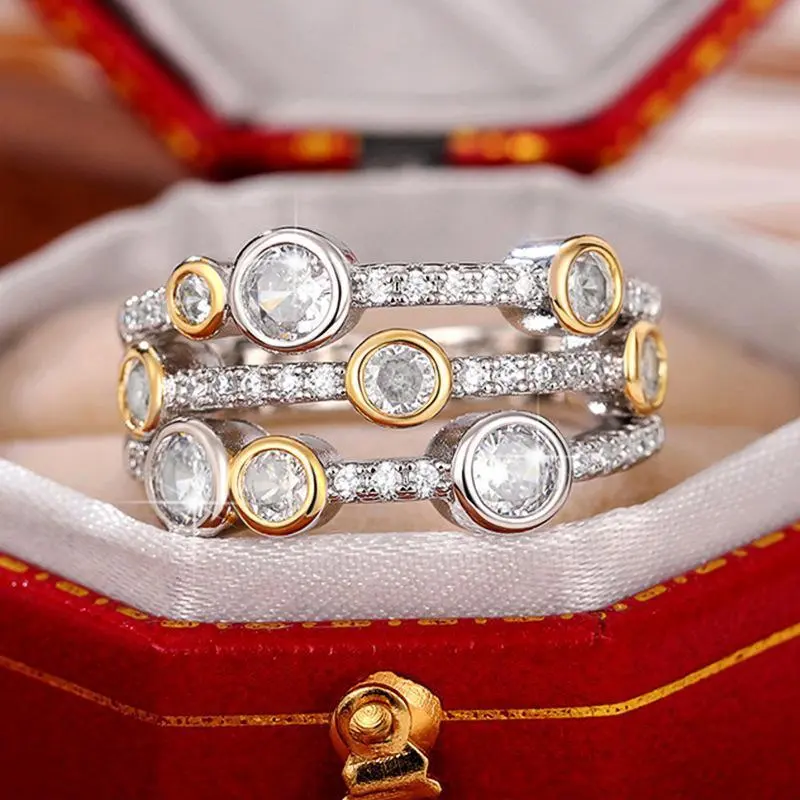 Women's Copper & Zircon 2-Tone Geometric Open Statement Female Ring - Sparkling CZ Stones, Minimalist Hollow Band, Stackable Fashion Jewelry (Sizes 6-10) for Everyday Use, Party Wear