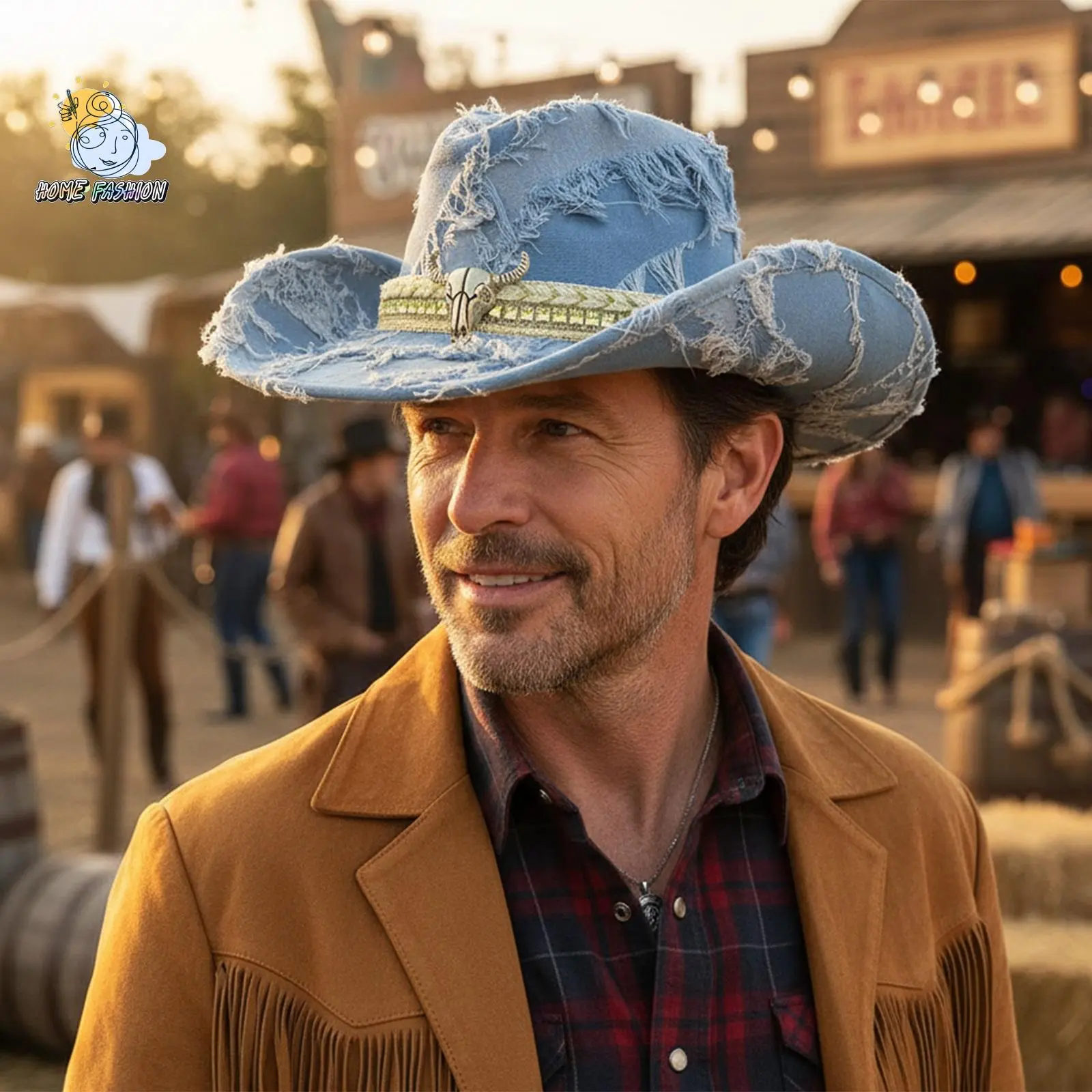 Unisex Western Cowboy Hat - Bull Motif Denim Wide-Brim Cap with Multicolor Design, Universal Fit for Outdoor Party (Festive & Party Supplies)