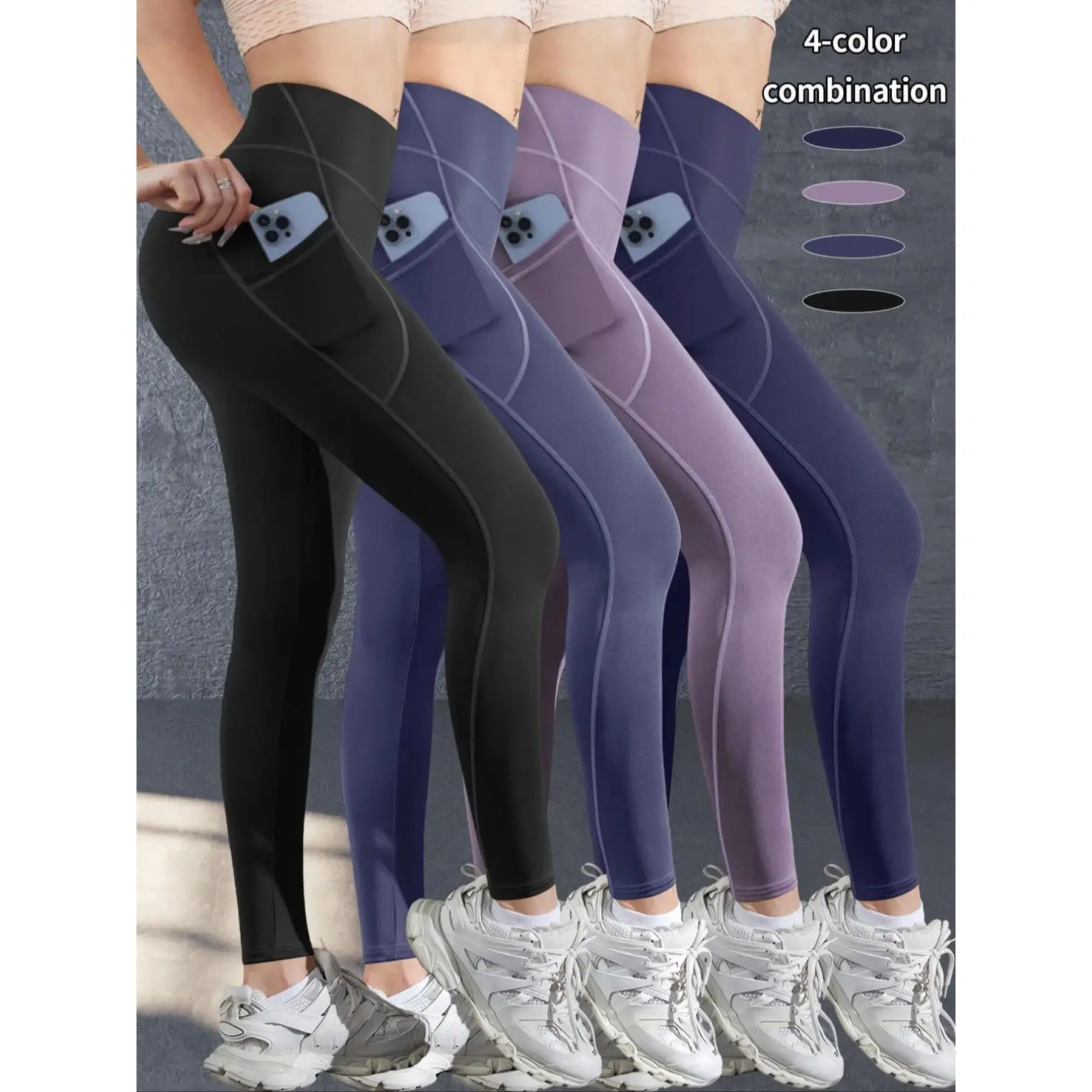 Women's Solid High Waist Sports Leggings, Casual Comfy Breathable Skinny Pants for Yoga Gym Workout Running, Ladies Sportswear for Summer, Gym Clothing, Solid Pocket Leggings, High Waisted Leggings, Athletic Skinny Pants, Leggings With Pockets