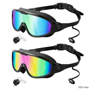 2-Pack Swim Goggles with Nose Cover for Adults Anti-Fog No Leak Wide View Swimming Mask Colorful Plating Lens Diving Snorkeling Glasses Clear Earplugs Set
