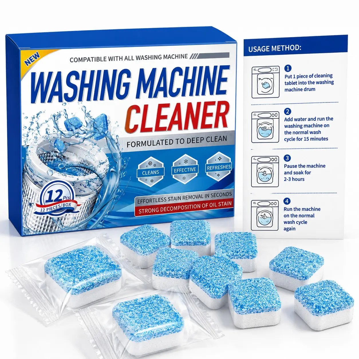 Washing Machine Descaler Cleaner 12-Pack, Enhanced Version for He Front-Load Washers, Top Load Washer Deodorizer, Deep Clean Tablets, Cleaners Tablets