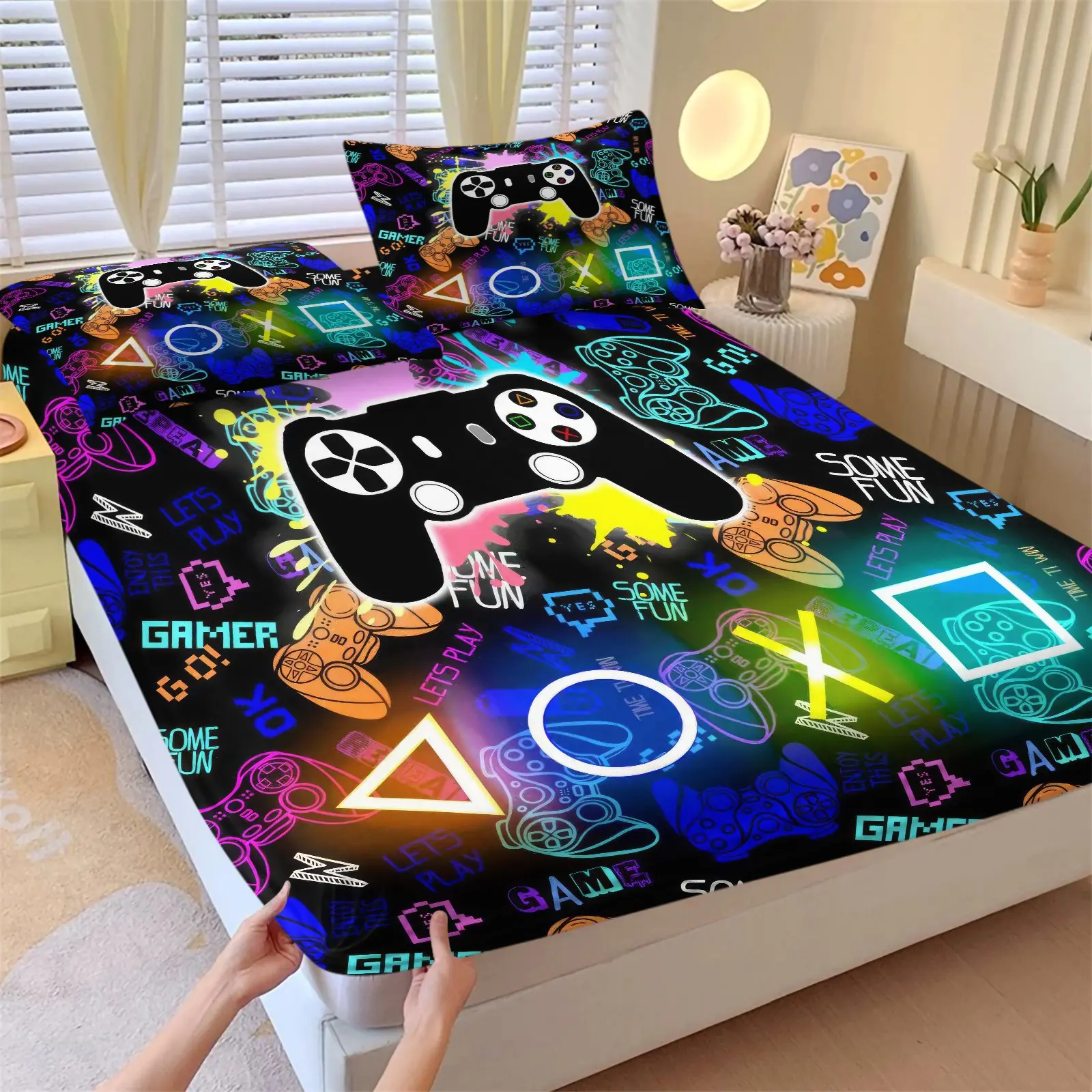 Neon Graffiti Gamer Fitted Bed Sheet Set, Include 1 Bedskirt and 2 Pillowcases without Core, Colorful Video Game Gamepad Pattern Deep Pocket Mattress Protector, Modern Street Art Style Gaming Bedspread, Suitable for Bedroom Dorm Guest Room