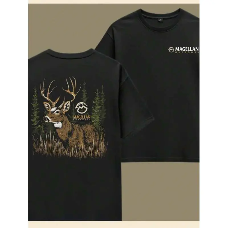 Men Top T Shirt Vintage Buck Deer Forest Graphic Print Magellan Outdoors Retro Nature Hunting Style Casual Cotton Tee