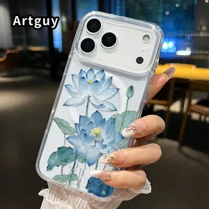 Magnetic Phone Case for iPhone 17 16  Pro Max Plus 15 14 13 12 11 Air E Azure Lotus Grace Pattern Non-Yellowing Shockproof Soft Silicone Transparent Acrylic Large Hole Cover Supports Wireless Charging