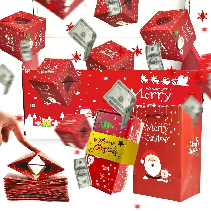 Surprise Gift Box Explosion for Money, Unique Folding Bouncing Red Envelope Gift Box with Confetti, Cash Explosion Luxury for Birthday Anniversary Valentine Proposal (10 Bounces) (Red Christmas)