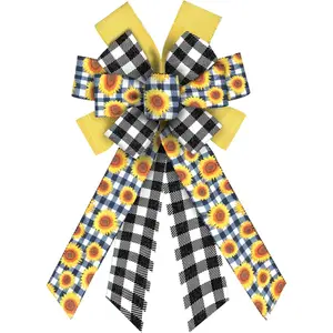 Large Spring Bows for Wreath, Black White Buffalo Plaid Wreath Bows Yellow Idyllic Bows for Front Door, Spring Sunflower Floral Burlap Ornament Tree Topper Bows for Spring Indoor Outdoor Decorfidget toys