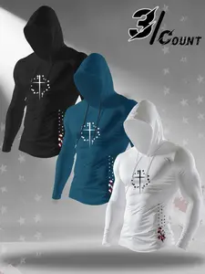 Three-Color Star Ring Cross American Flag Side Print Elastic Fitted Hooded Fitness Long Sleeve Quick-Dry Top Set of Three