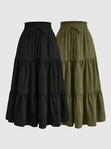 Women's 2 Piece Set, Skirts Set, Casual Fitted Long Skirt with Layered Ruffles, Drawstring, Thin Woven Fabric, Lightweight, Plain Pattern, All Seasons Wear, Womenswear