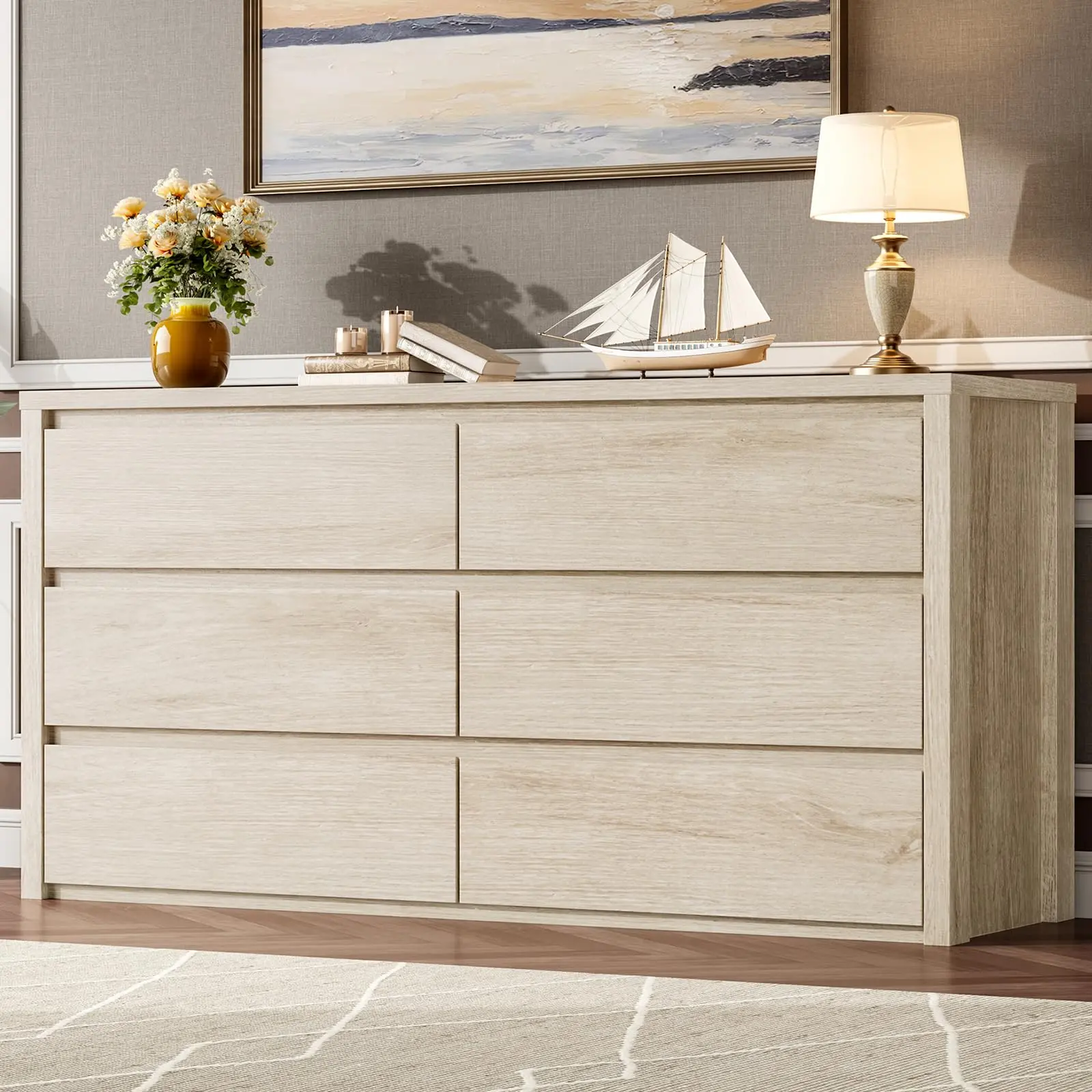 Rustic Farmhouse 6 Drawer Dresser Wood Storage Cabinet Handle Free Bedroom Chest Dresser Living Room Console Vintage Cream