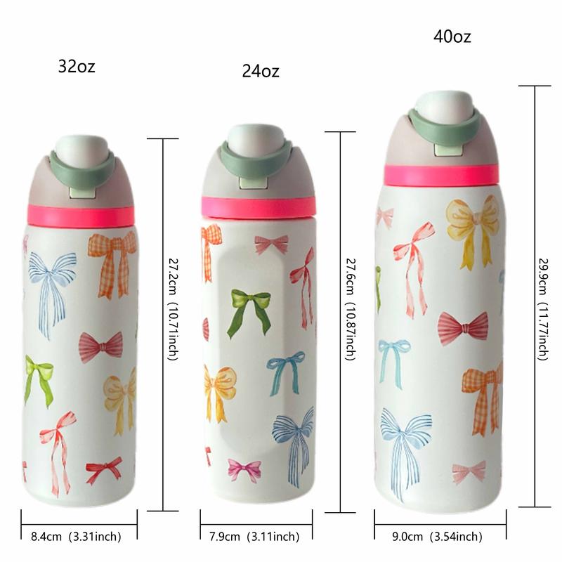 Bow Pattern Stainless Steel Vacuum Flask, Leakproof Insulated Tumbler, 1 Count Portable Insulated Water Bottle with Straw, Drinking Cup for Home Office School Outdoor Camping, Drinkware