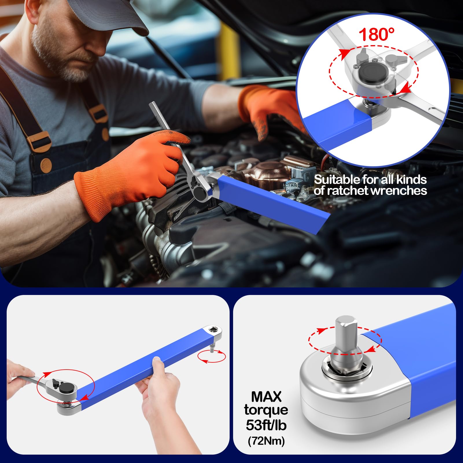 Pro Offset Extension Wrench, 15-Inch Extension Wrench, 3/8" Offset Impact-Ready Socket Wrench Tool with Versatile 1/4", 3/8", and 1/2" Square Drive Adapters